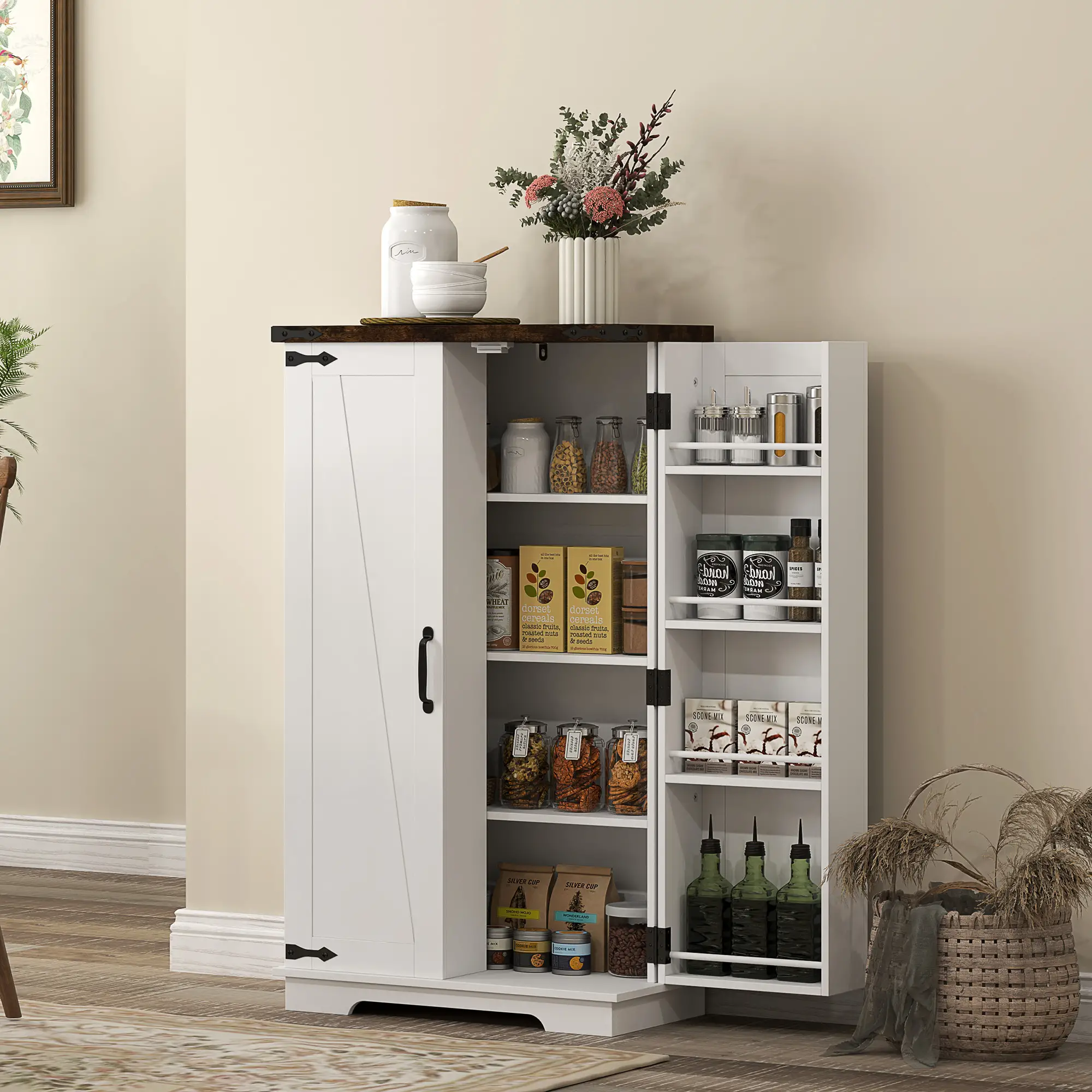 Farmhouse Kitchen Pantry Cabinet, Adjustable Shelves, White - Image 8