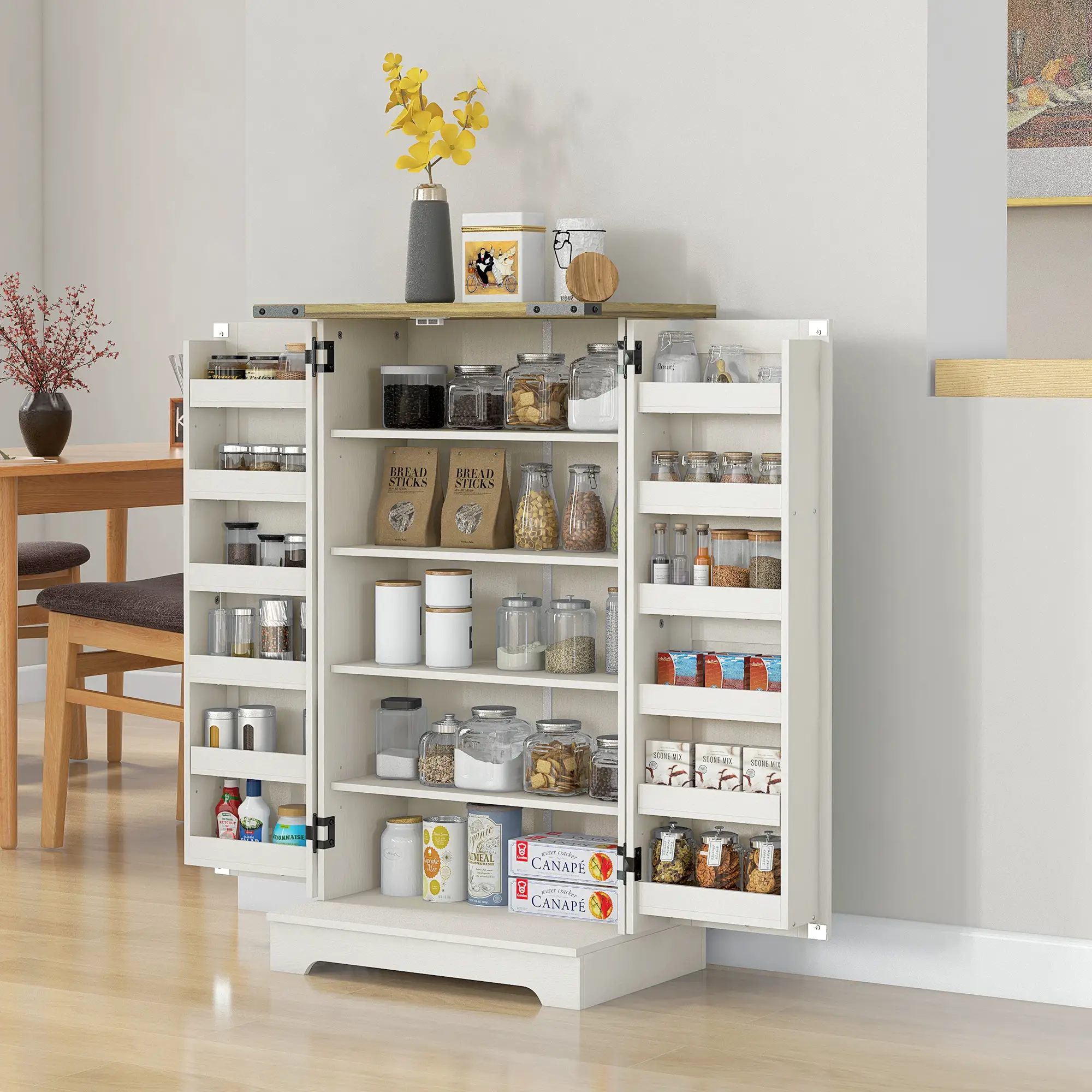 Farmhouse Kitchen Pantry Cabinet, Adjustable Shelves, White Cream - Image 2