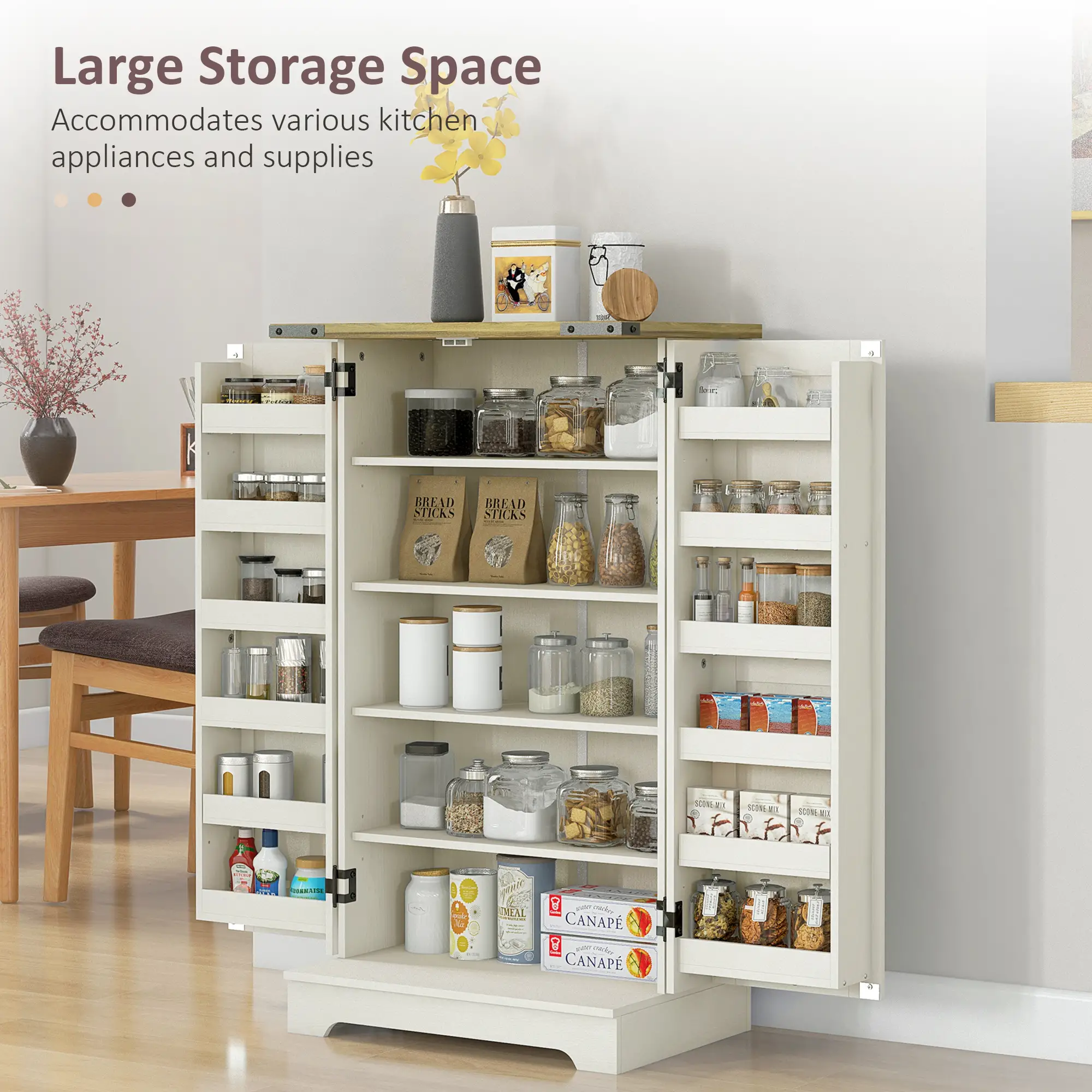 Farmhouse Kitchen Pantry Cabinet, Adjustable Shelves, White Cream - Image 4