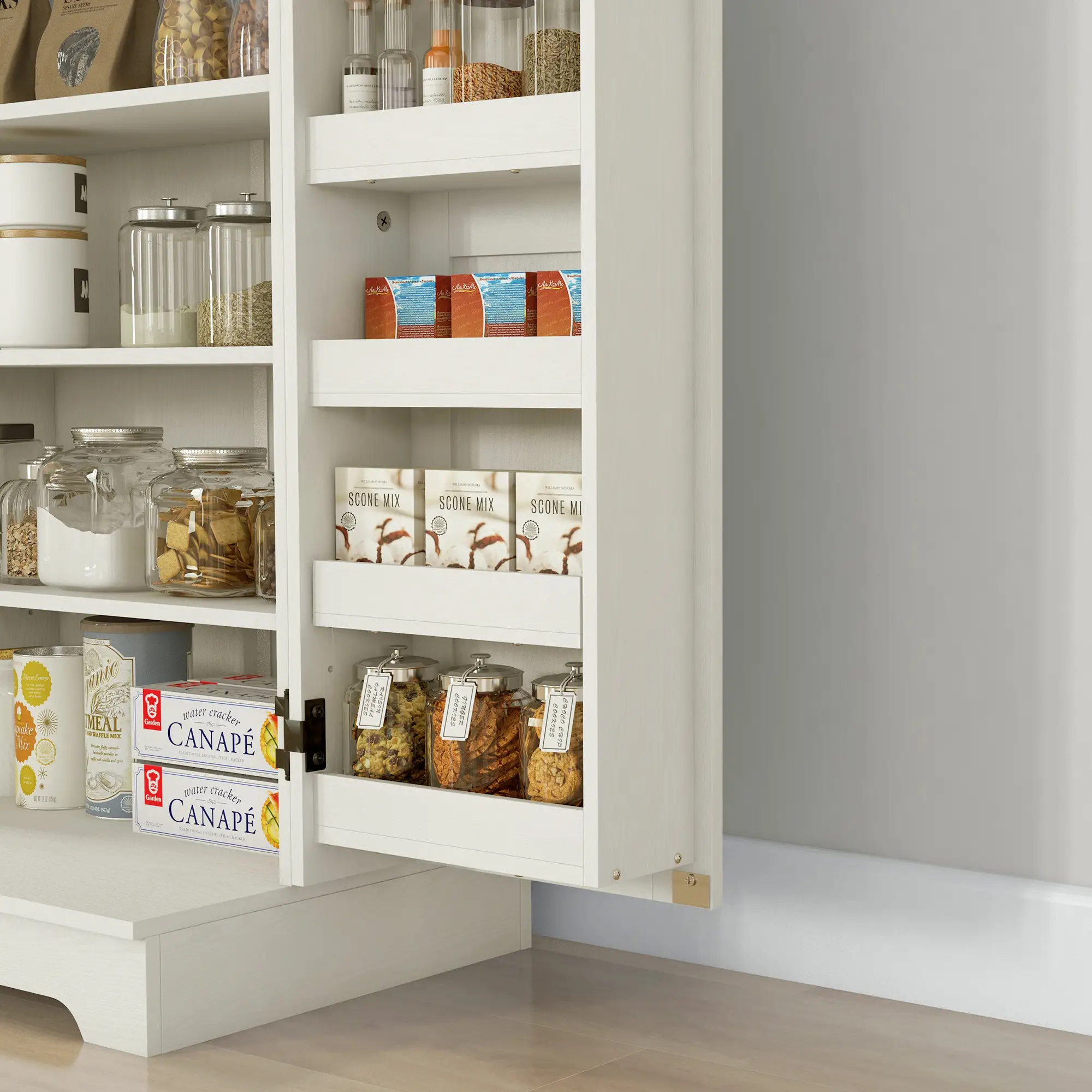Farmhouse Kitchen Pantry Cabinet, Adjustable Shelves, White Cream - Image 9