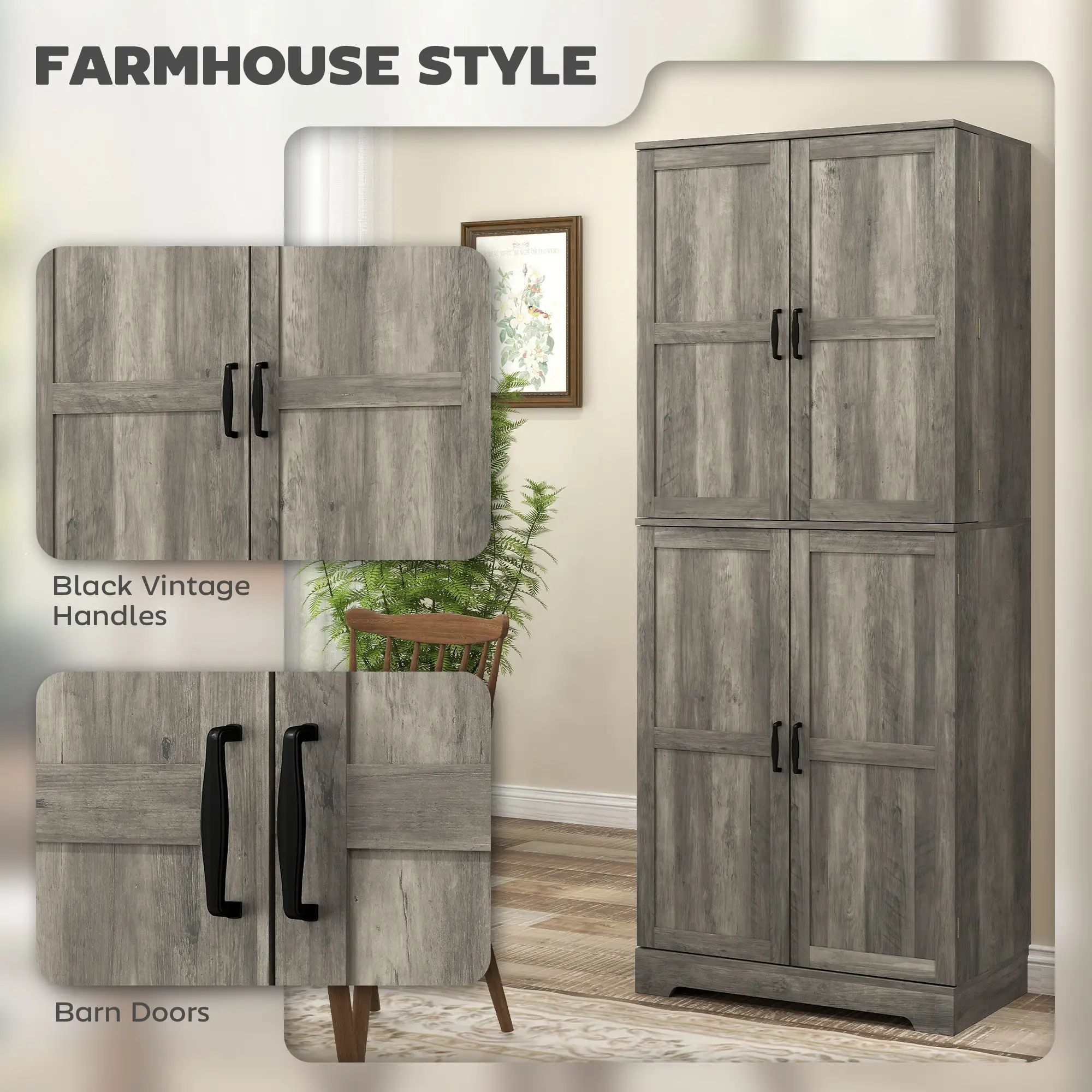 Farmhouse Kitchen Pantry Cabinet, Barn Doors, Adjustable Shelves, Distressed, Grey - Image 4