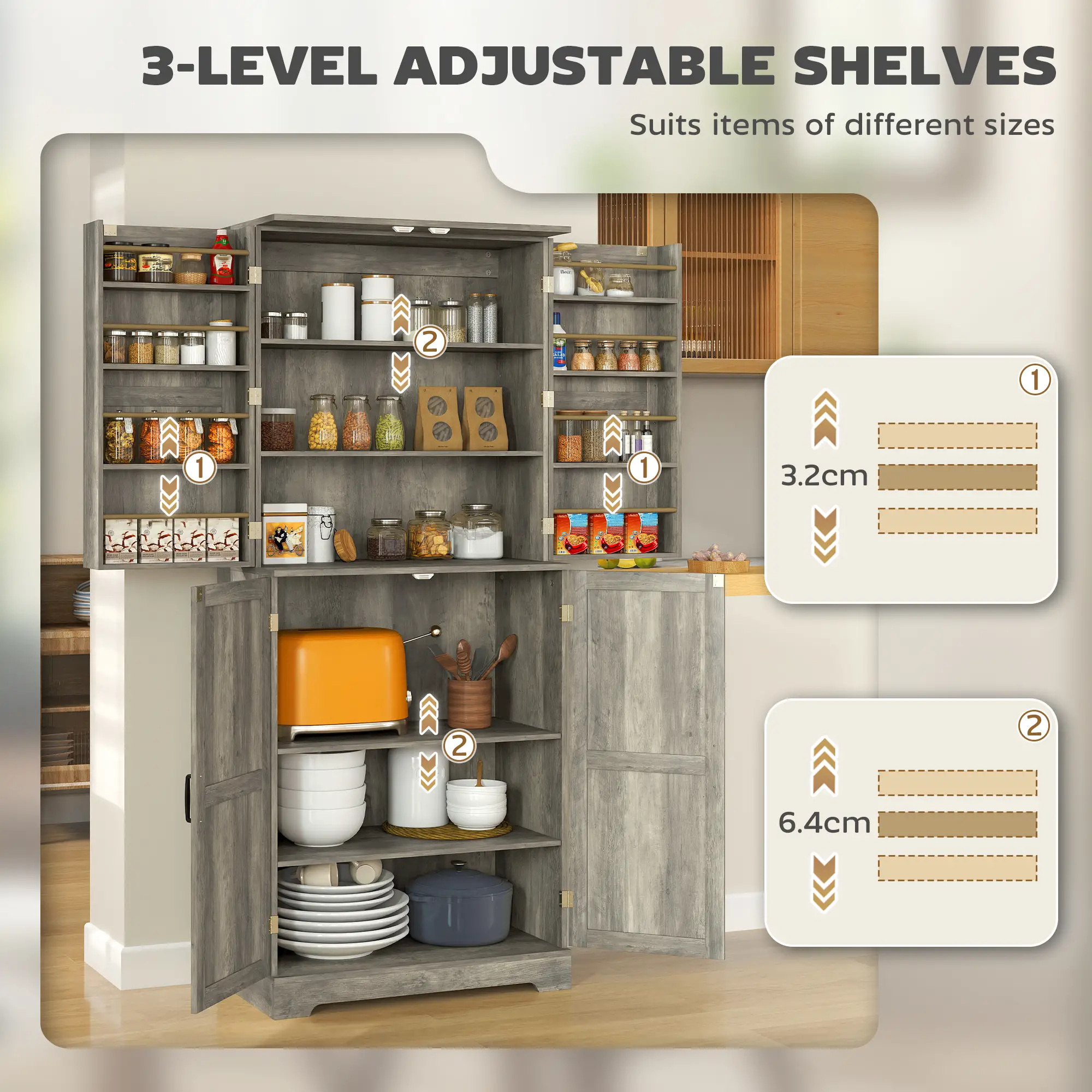 Farmhouse Kitchen Pantry Cabinet, Barn Doors, Adjustable Shelves, Distressed, Grey - Image 6