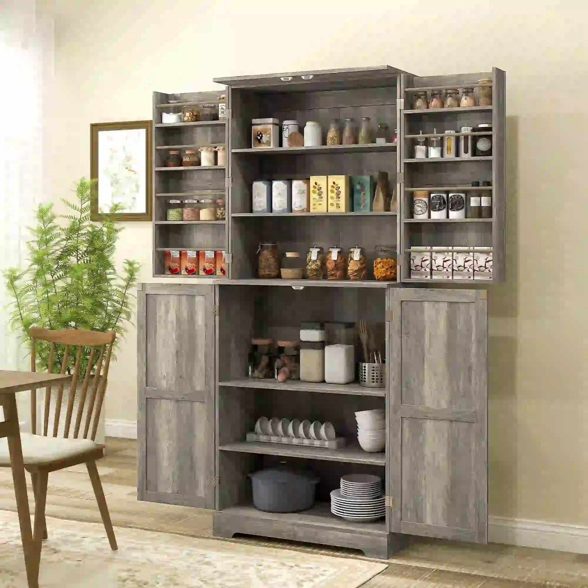 Farmhouse Kitchen Pantry Cabinet, Barn Doors, Adjustable Shelves, Distressed, Grey - Image 8