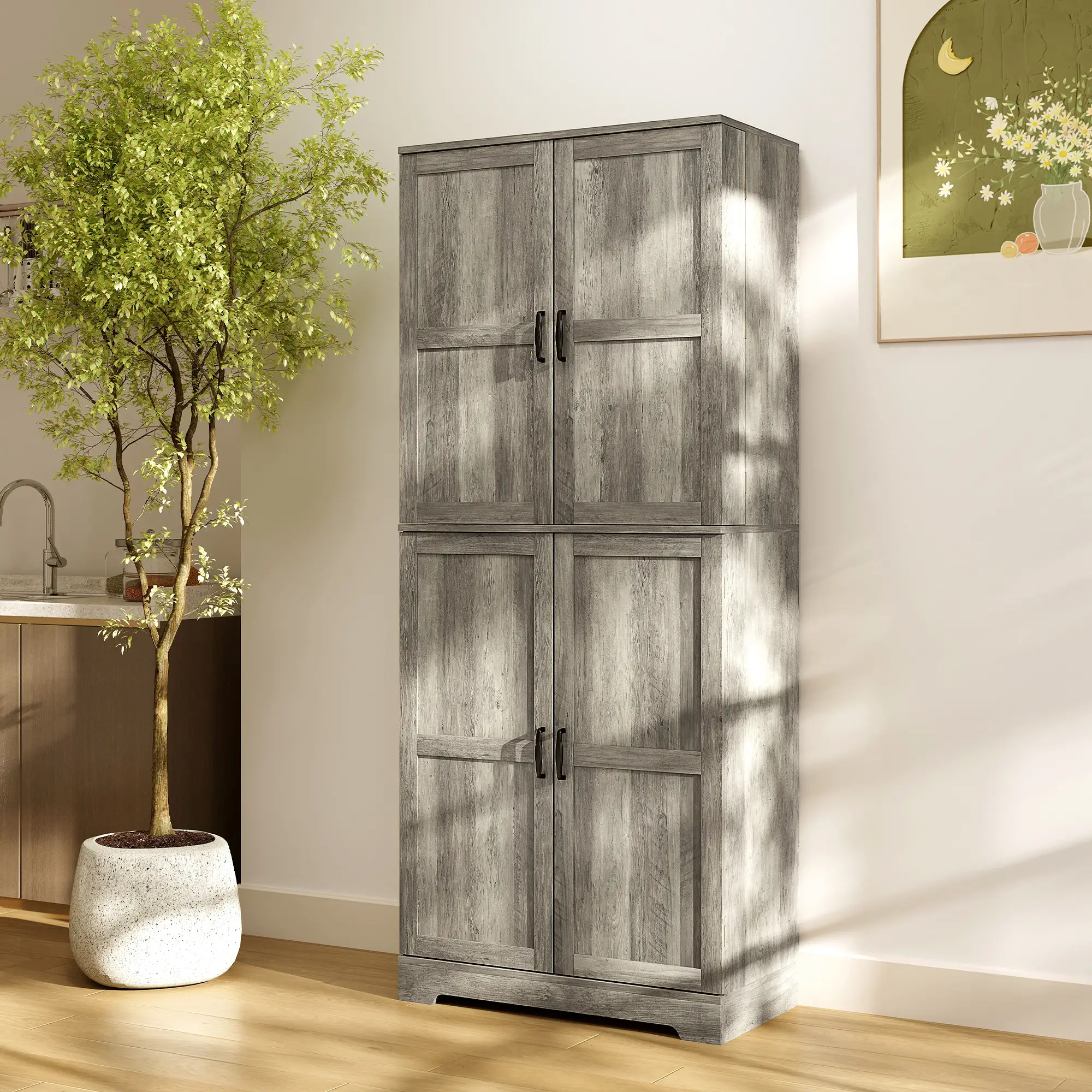 Farmhouse Kitchen Pantry Cabinet, Barn Doors, Adjustable Shelves, Distressed, Grey - Image 9