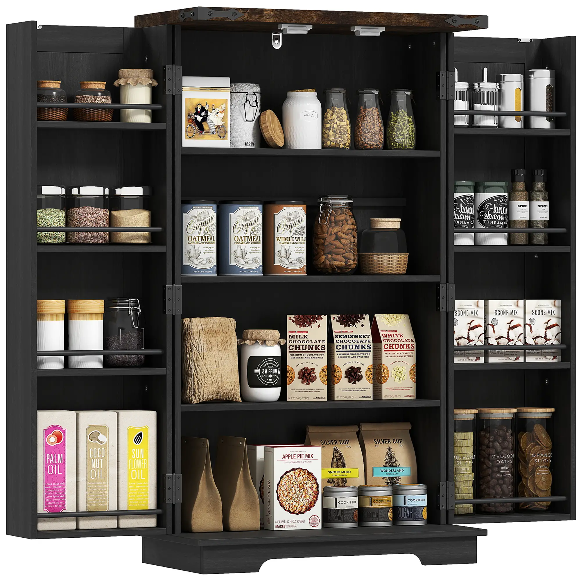 Farmhouse Kitchen Pantry Cabinet, Adjustable Shelves, Black