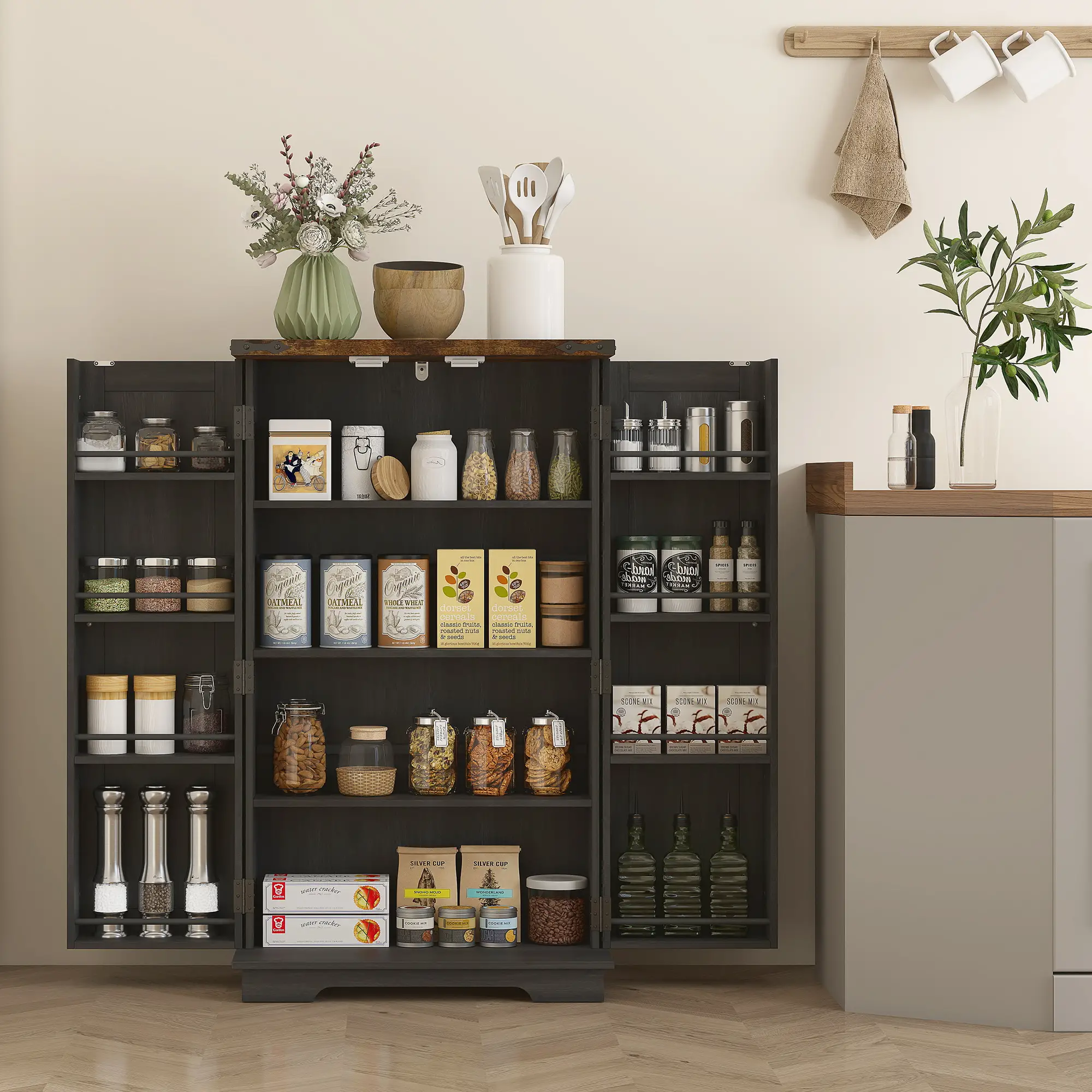 Farmhouse Kitchen Pantry Cabinet, Adjustable Shelves, Black - Image 10
