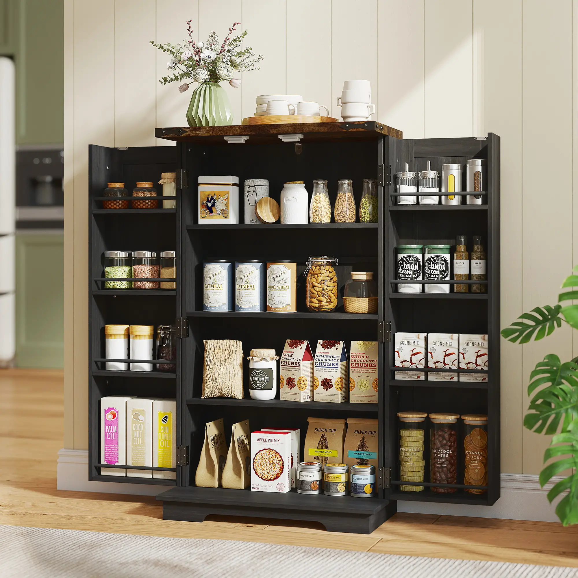 Farmhouse Kitchen Pantry Cabinet, Adjustable Shelves, Black - Image 2