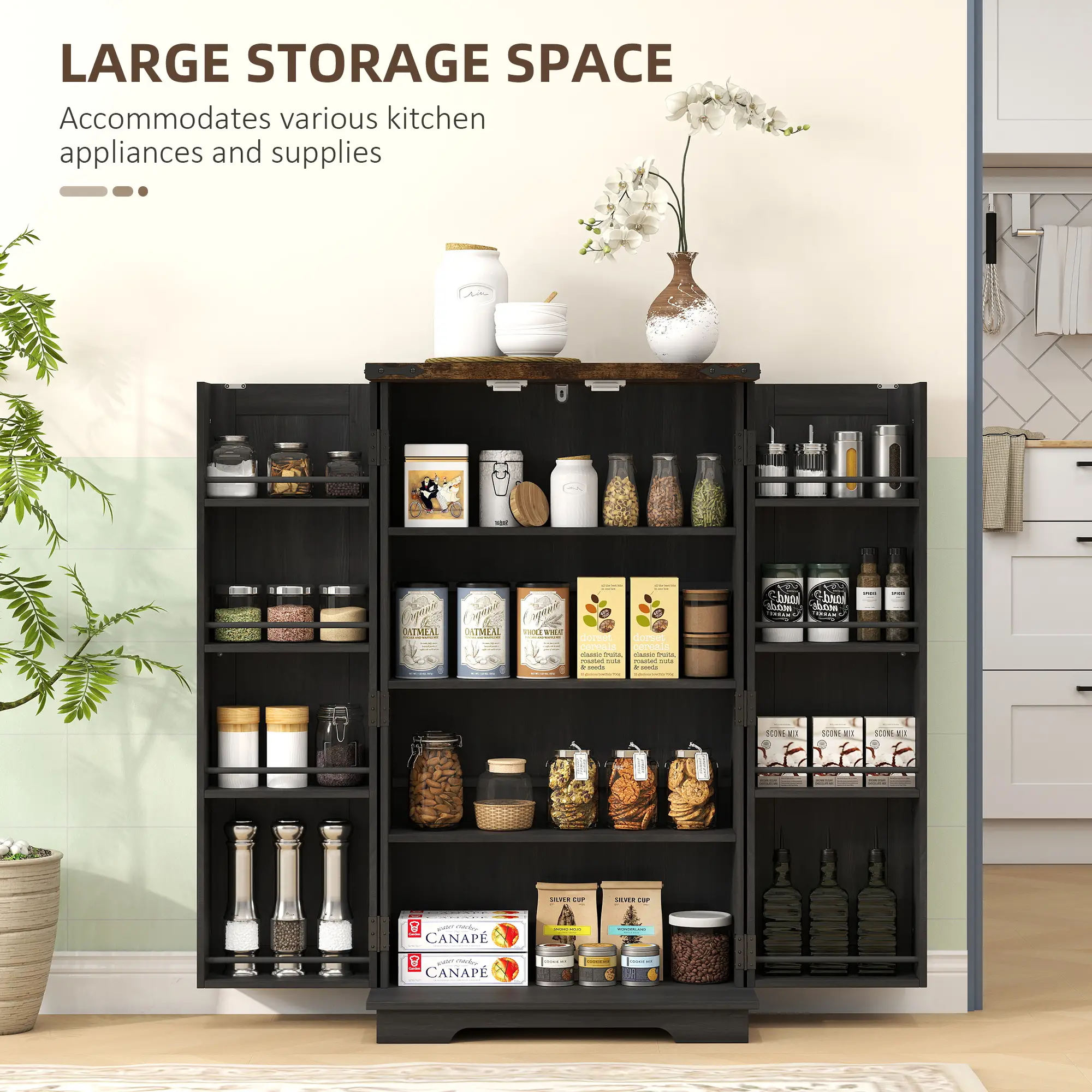 Farmhouse Kitchen Pantry Cabinet, Adjustable Shelves, Black - Image 4