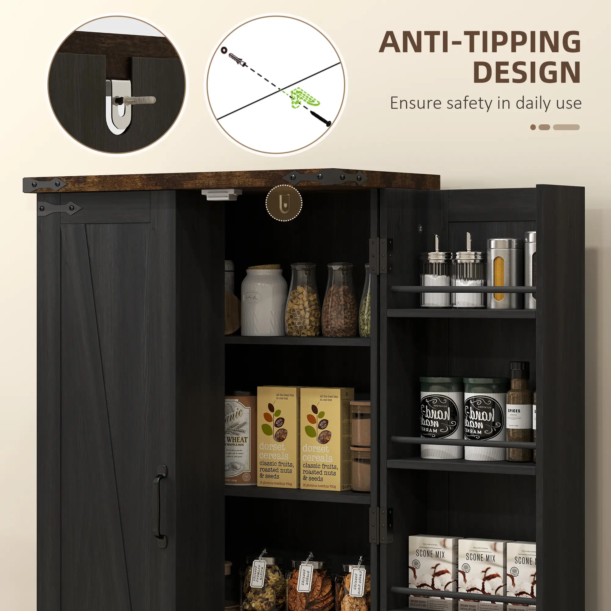 Farmhouse Kitchen Pantry Cabinet, Adjustable Shelves, Black - Image 6