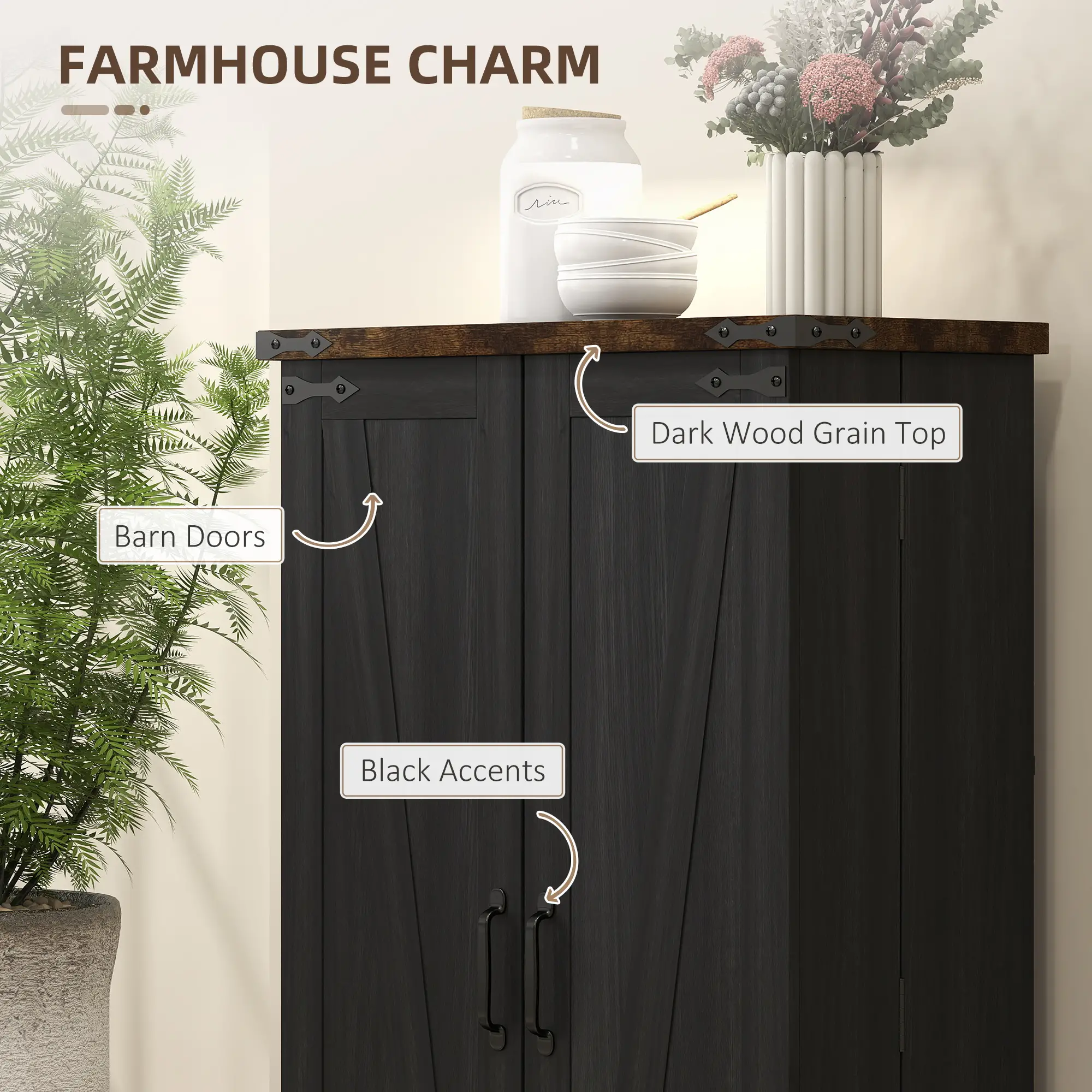 Farmhouse Kitchen Pantry Cabinet, Adjustable Shelves, Black - Image 7