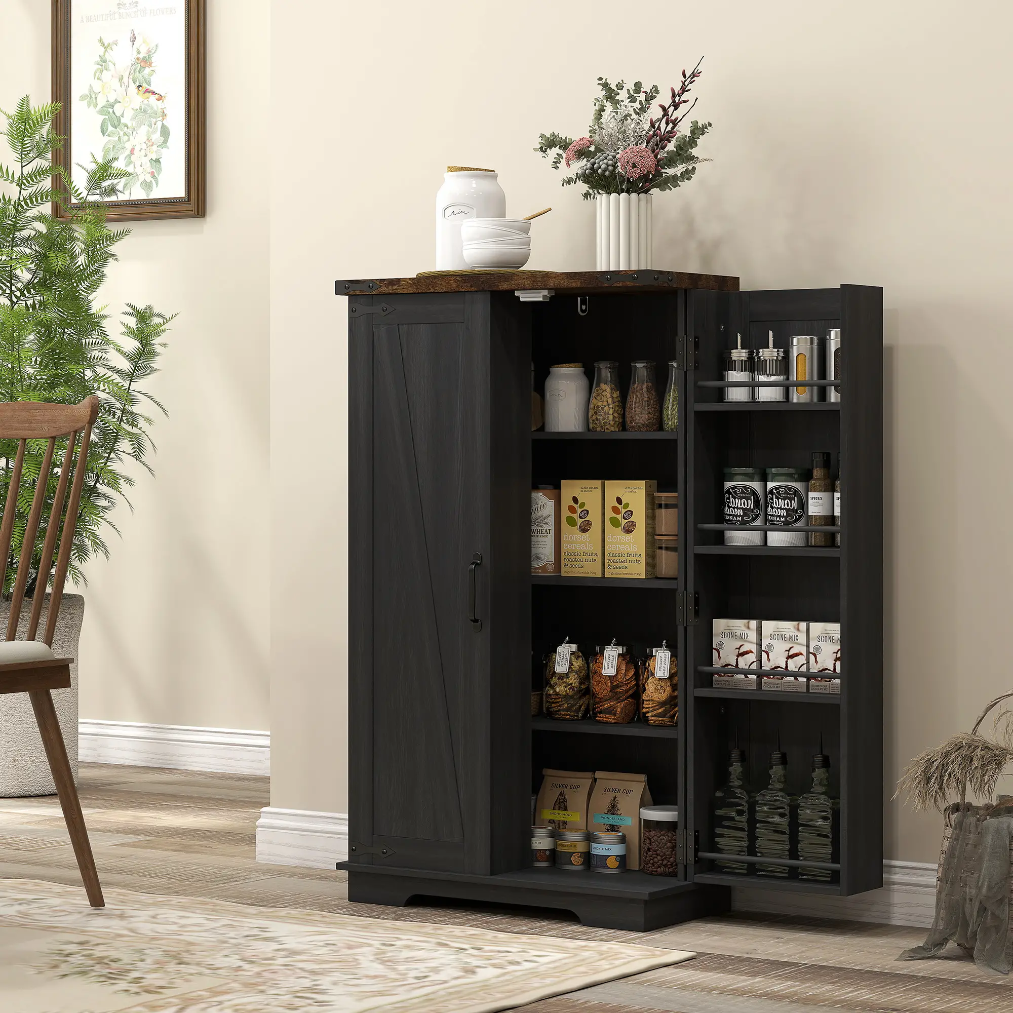 Farmhouse Kitchen Pantry Cabinet, Adjustable Shelves, Black - Image 8