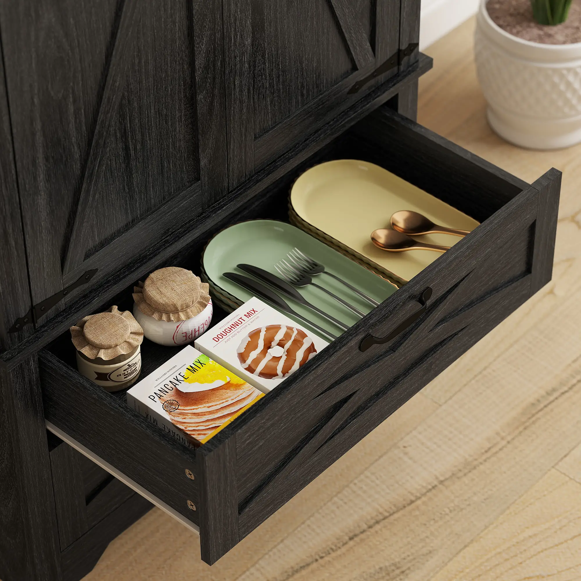 Farmhouse Kitchen Pantry Storage Cabinet, 64 Inch, Distressed Black - Image 10