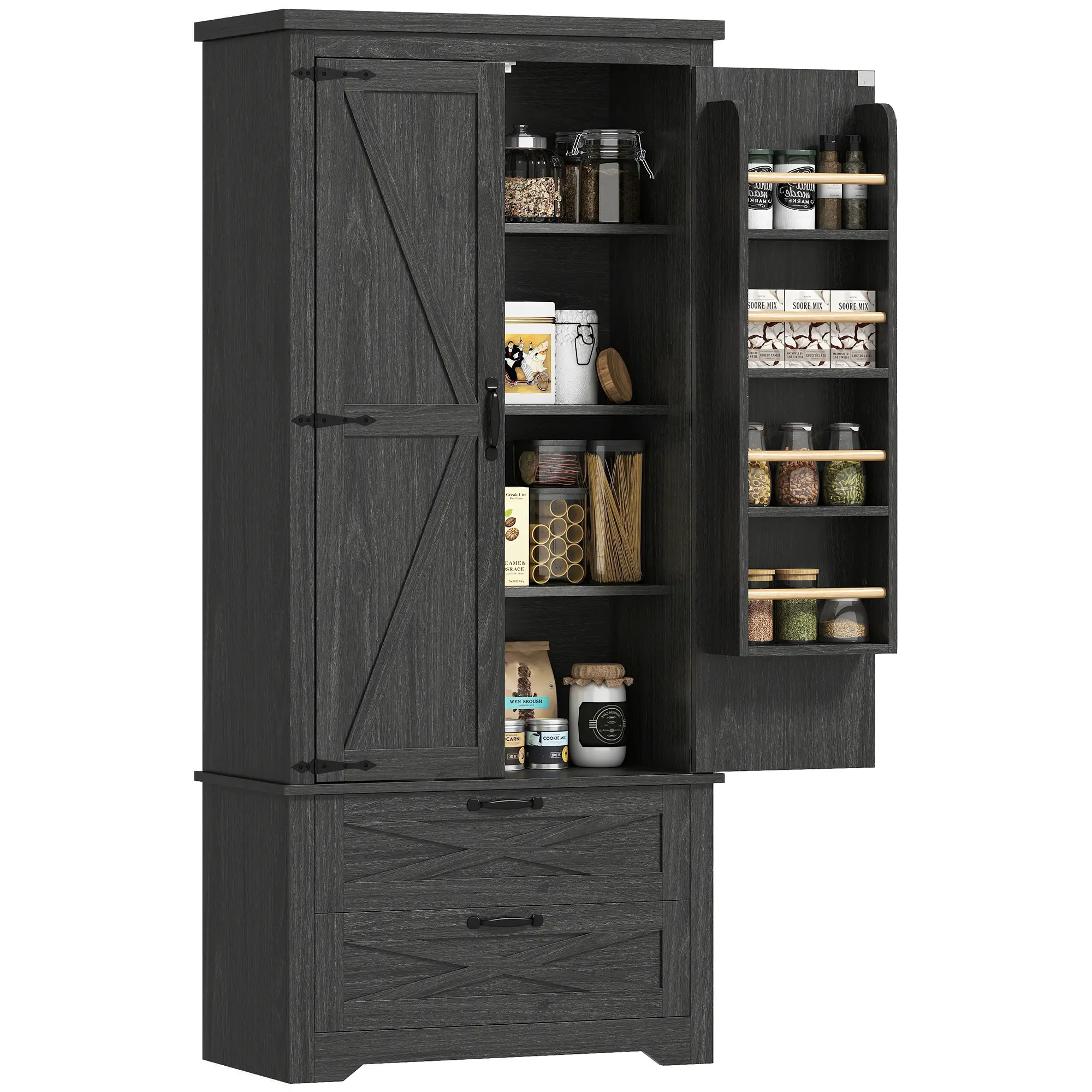 Farmhouse Kitchen Pantry Storage Cabinet, 64 Inch, Distressed Black - Image 11