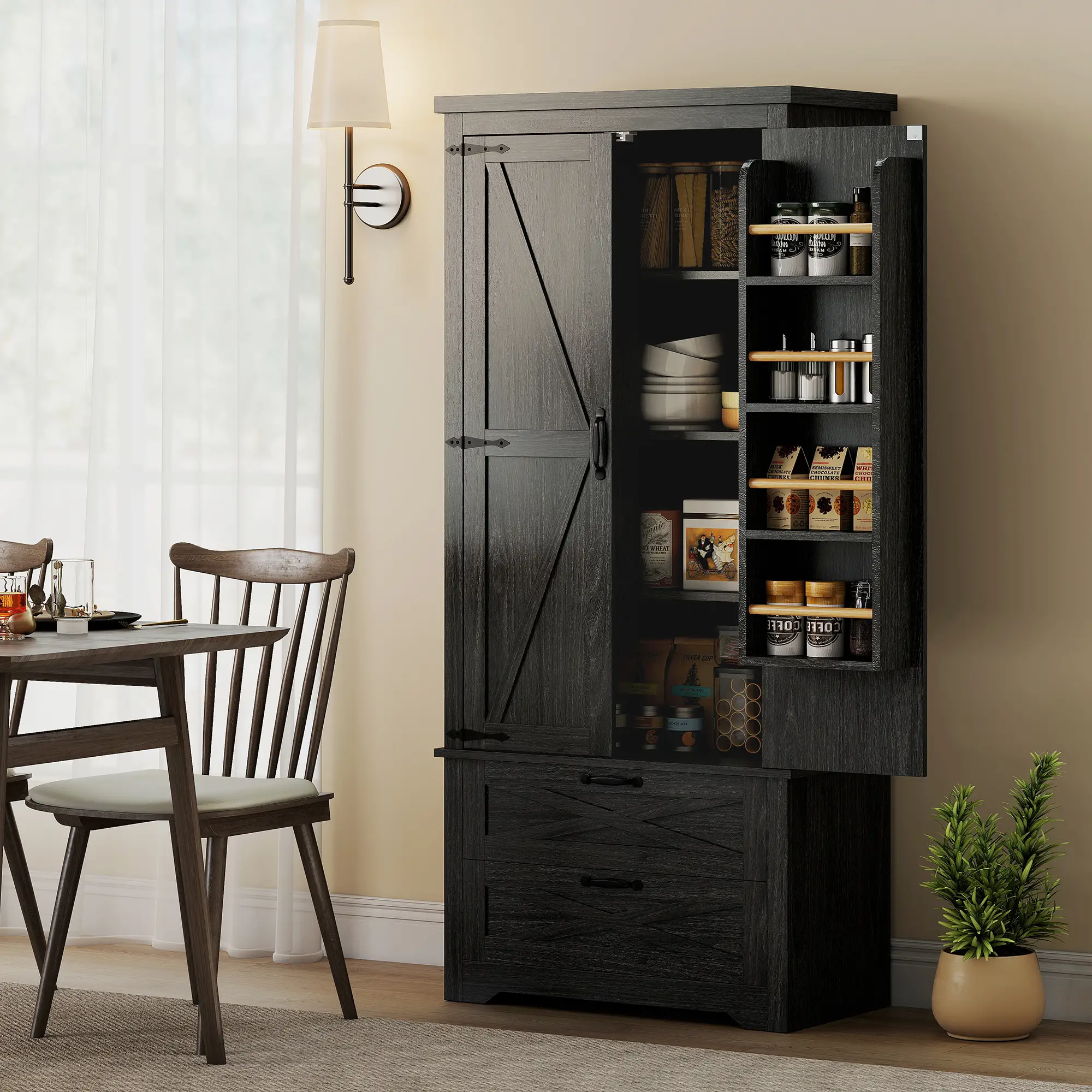 Farmhouse Kitchen Pantry Storage Cabinet, 64 Inch, Distressed Black - Image 2