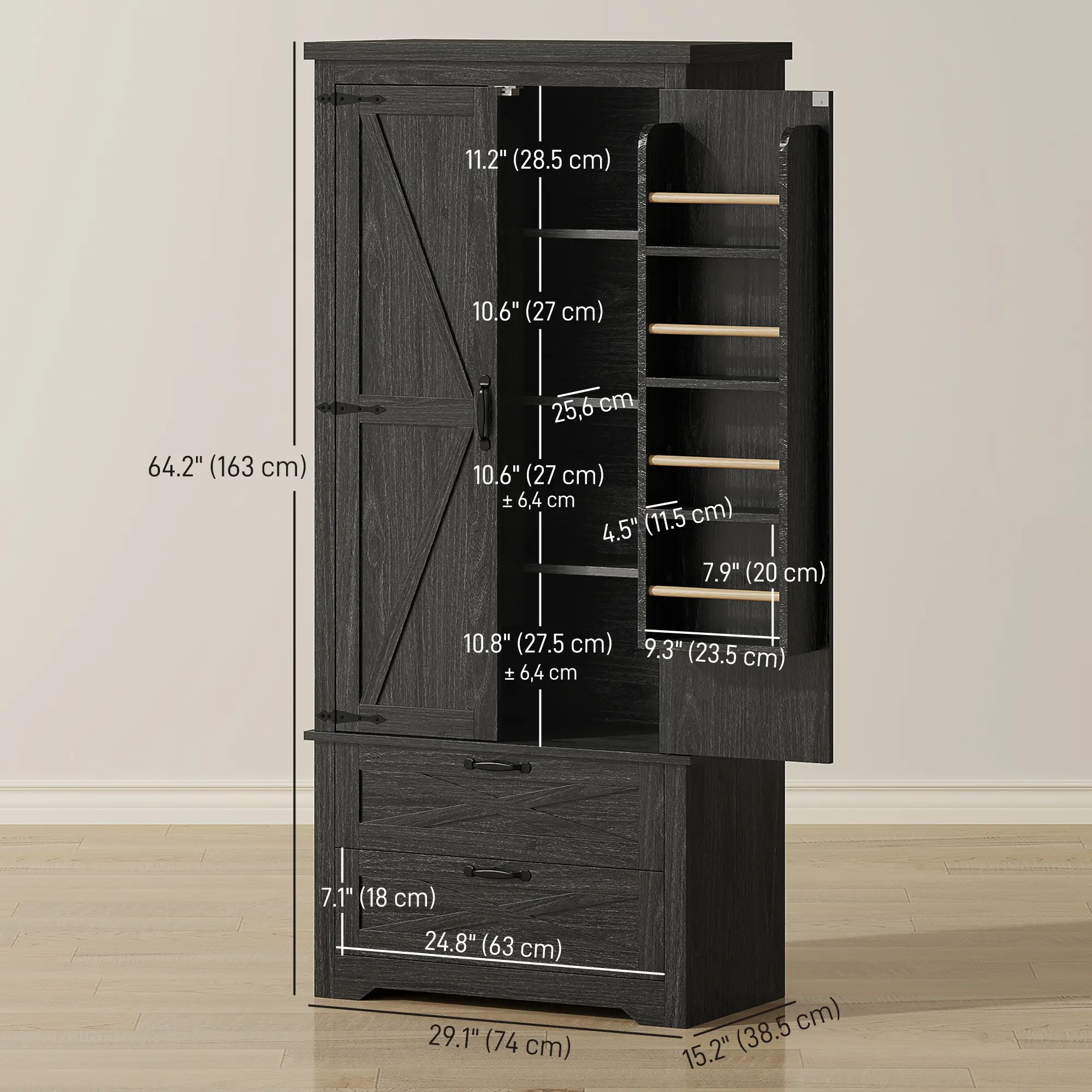 Farmhouse Kitchen Pantry Storage Cabinet, 64 Inch, Distressed Black - Image 3