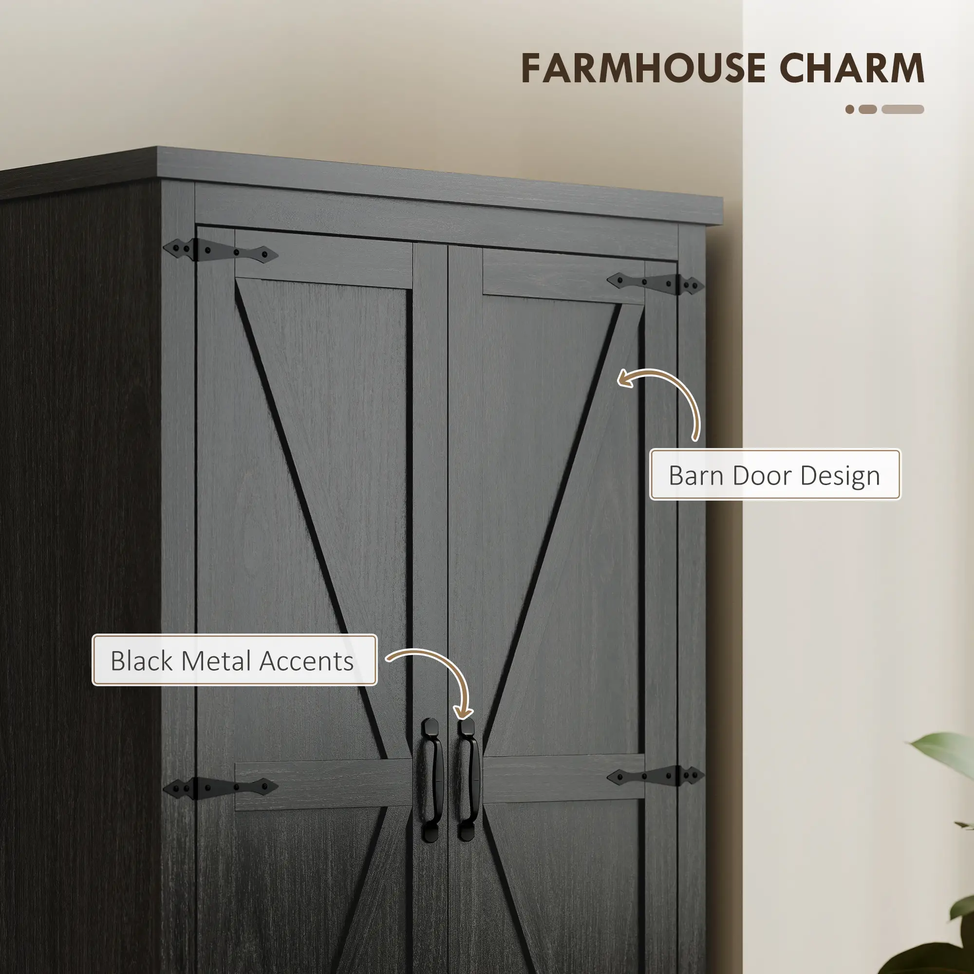 Farmhouse Kitchen Pantry Storage Cabinet, 64 Inch, Distressed Black - Image 4