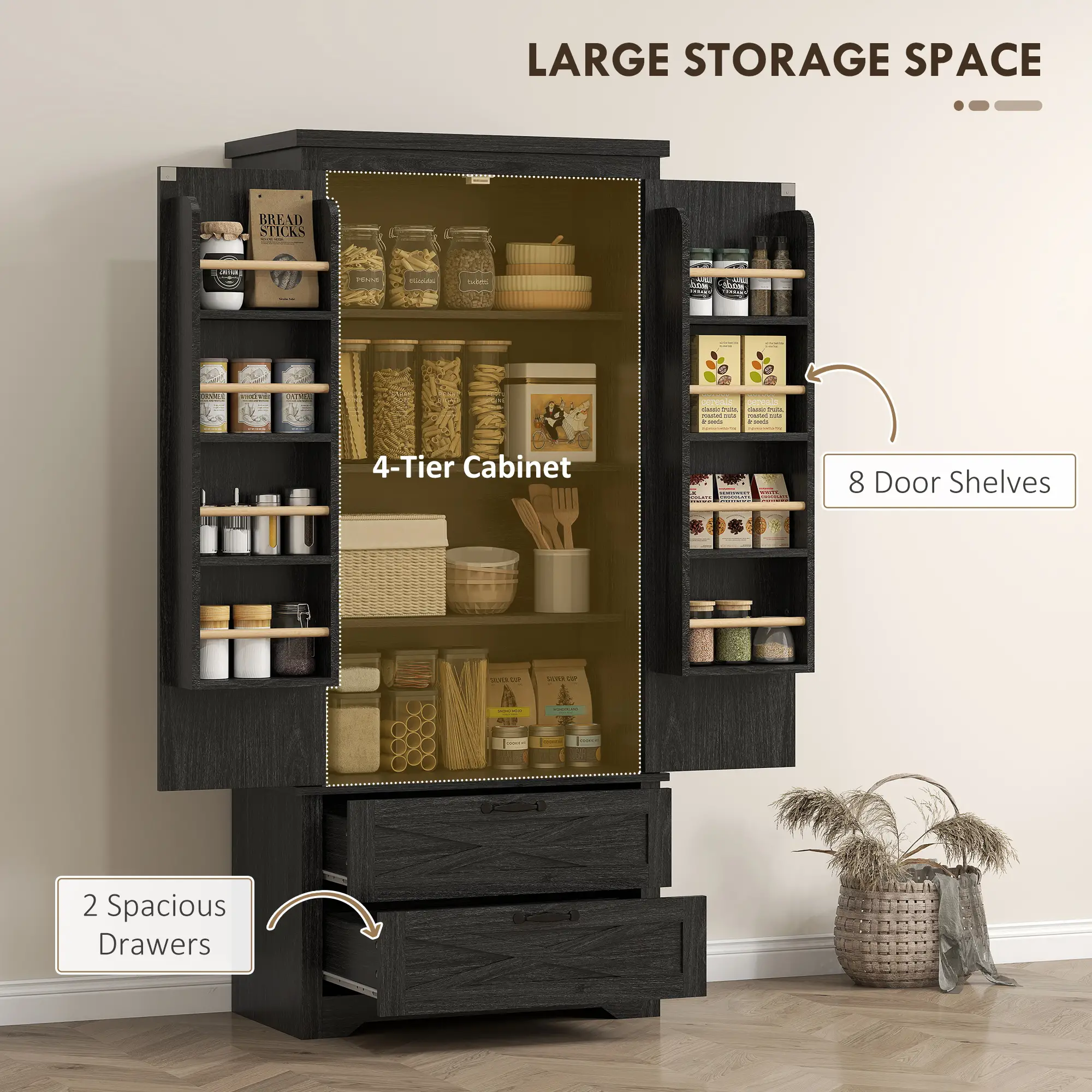 Farmhouse Kitchen Pantry Storage Cabinet, 64 Inch, Distressed Black - Image 5