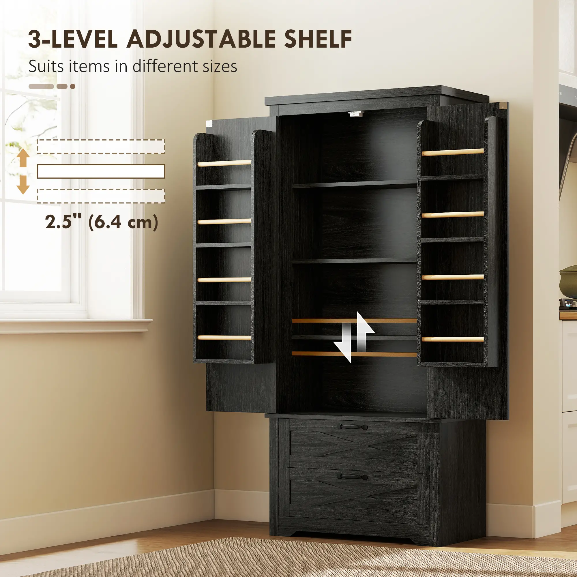 Farmhouse Kitchen Pantry Storage Cabinet, 64 Inch, Distressed Black - Image 6