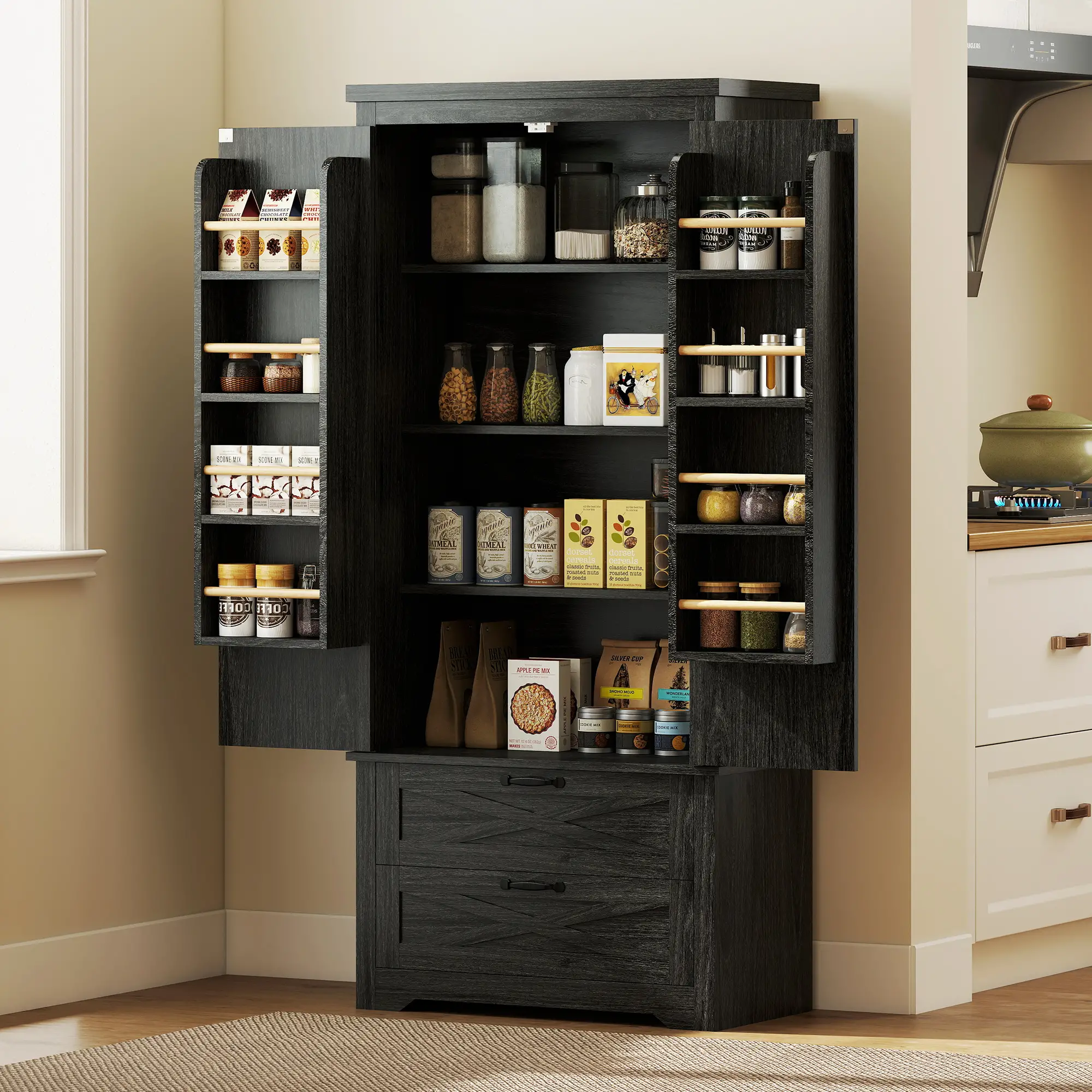 Farmhouse Kitchen Pantry Storage Cabinet, 64 Inch, Distressed Black - Image 8