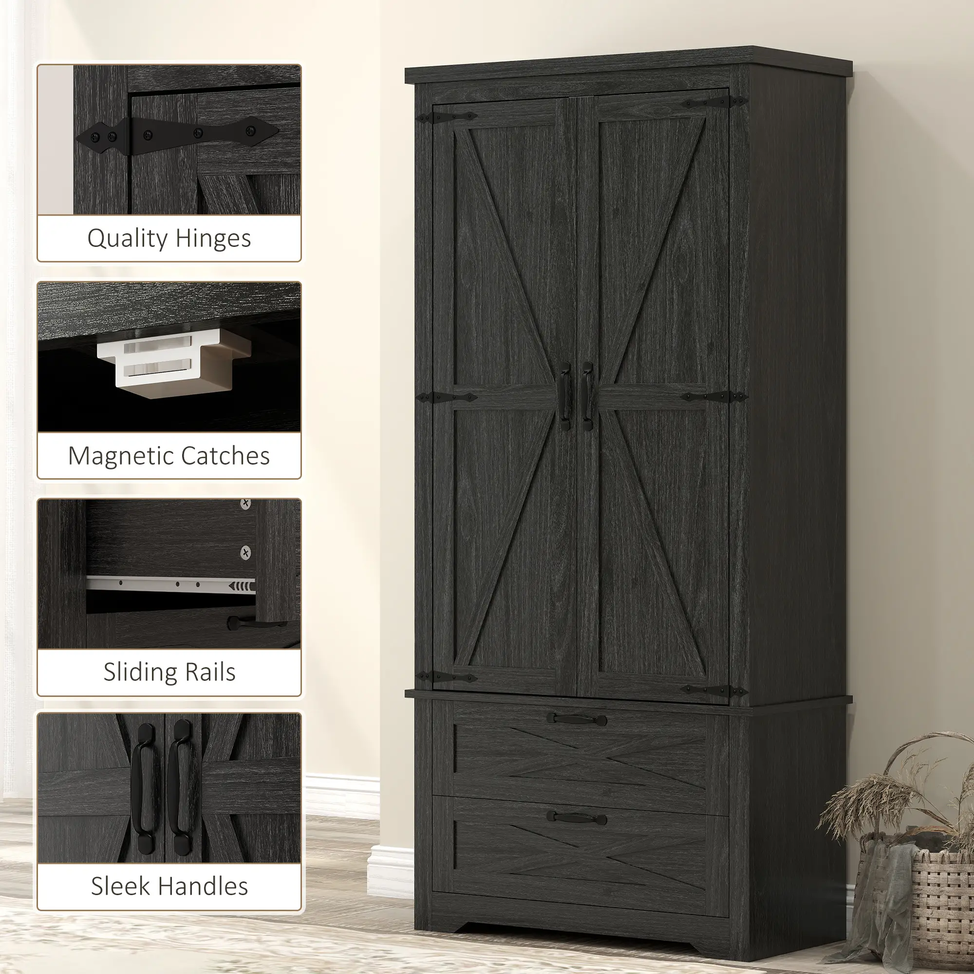 Farmhouse Kitchen Pantry Storage Cabinet, 64 Inch, Distressed Black - Image 9