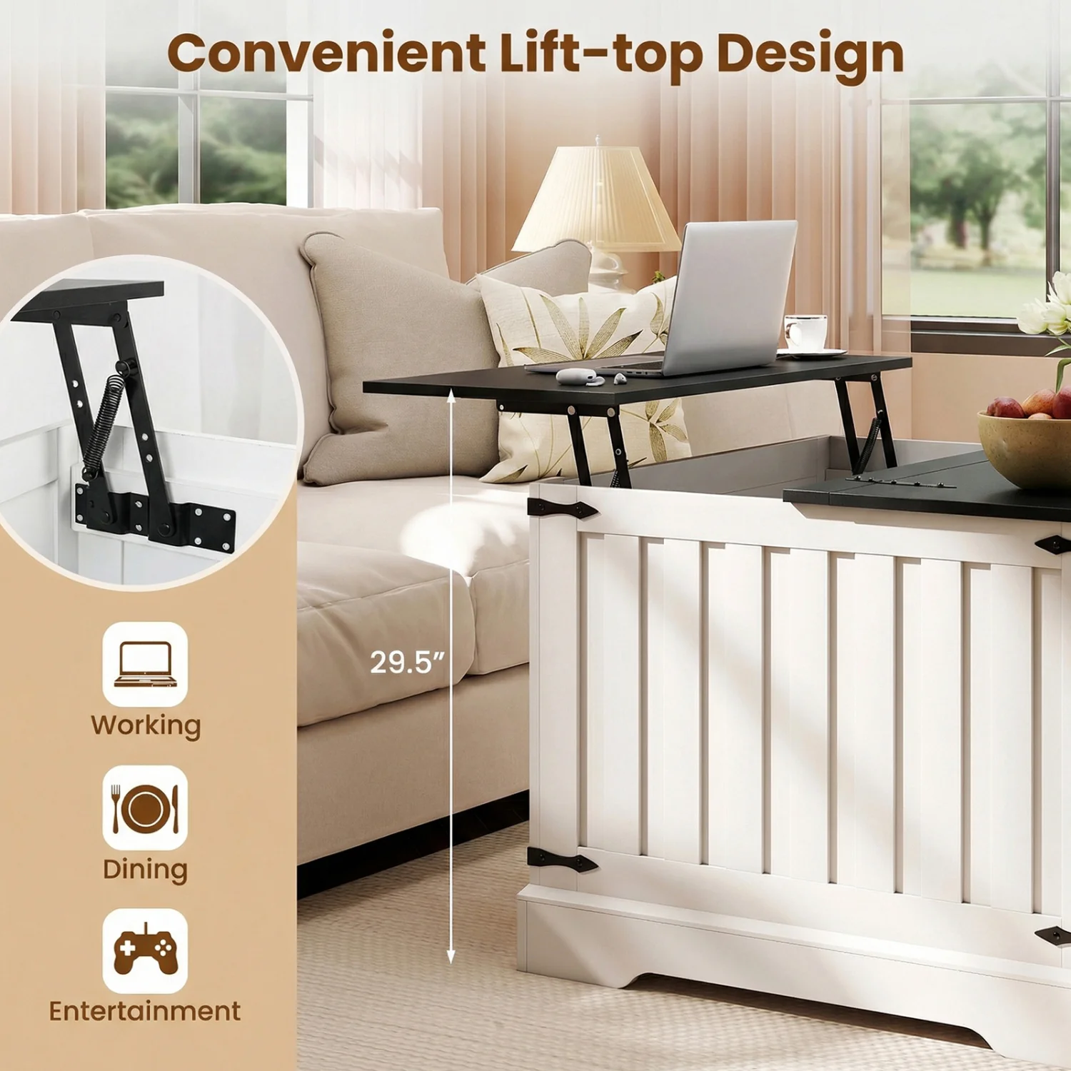 Farmhouse Lift Top Coffee Table with Hidden Storage Compartment, Black - Image 10