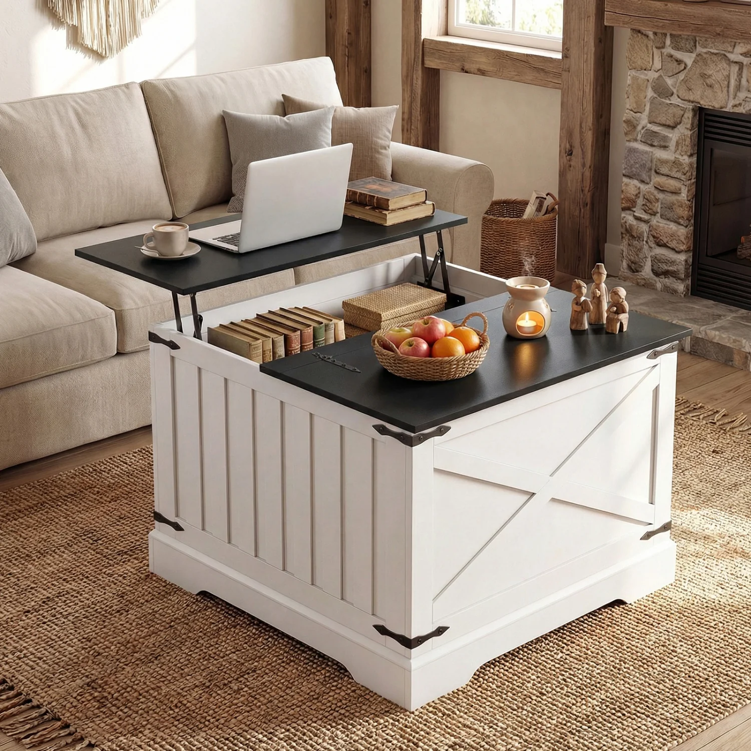 Farmhouse Lift Top Coffee Table with Hidden Storage Compartment, Black - Image 2