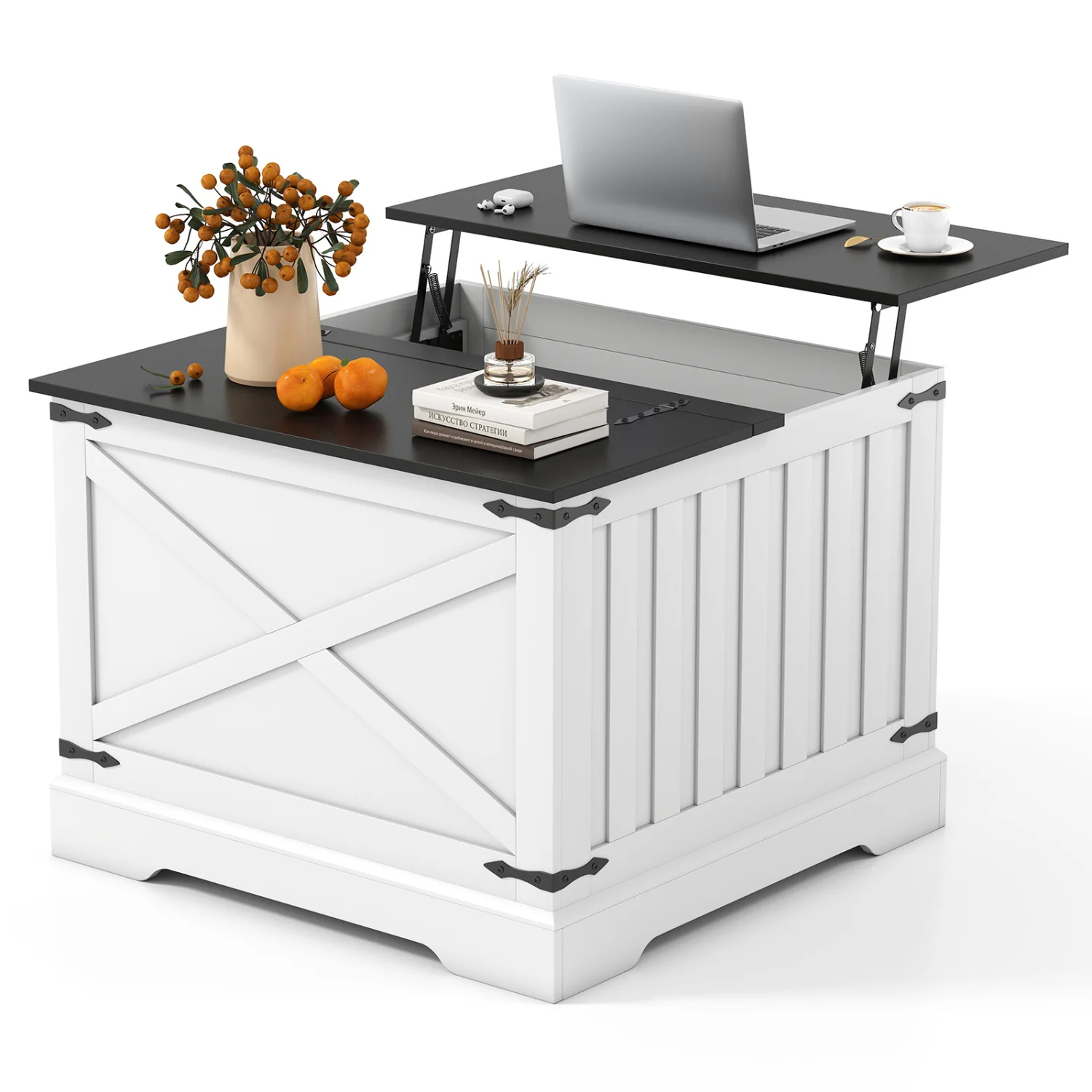 Farmhouse Lift Top Coffee Table with Hidden Storage Compartment, Black - Image 5