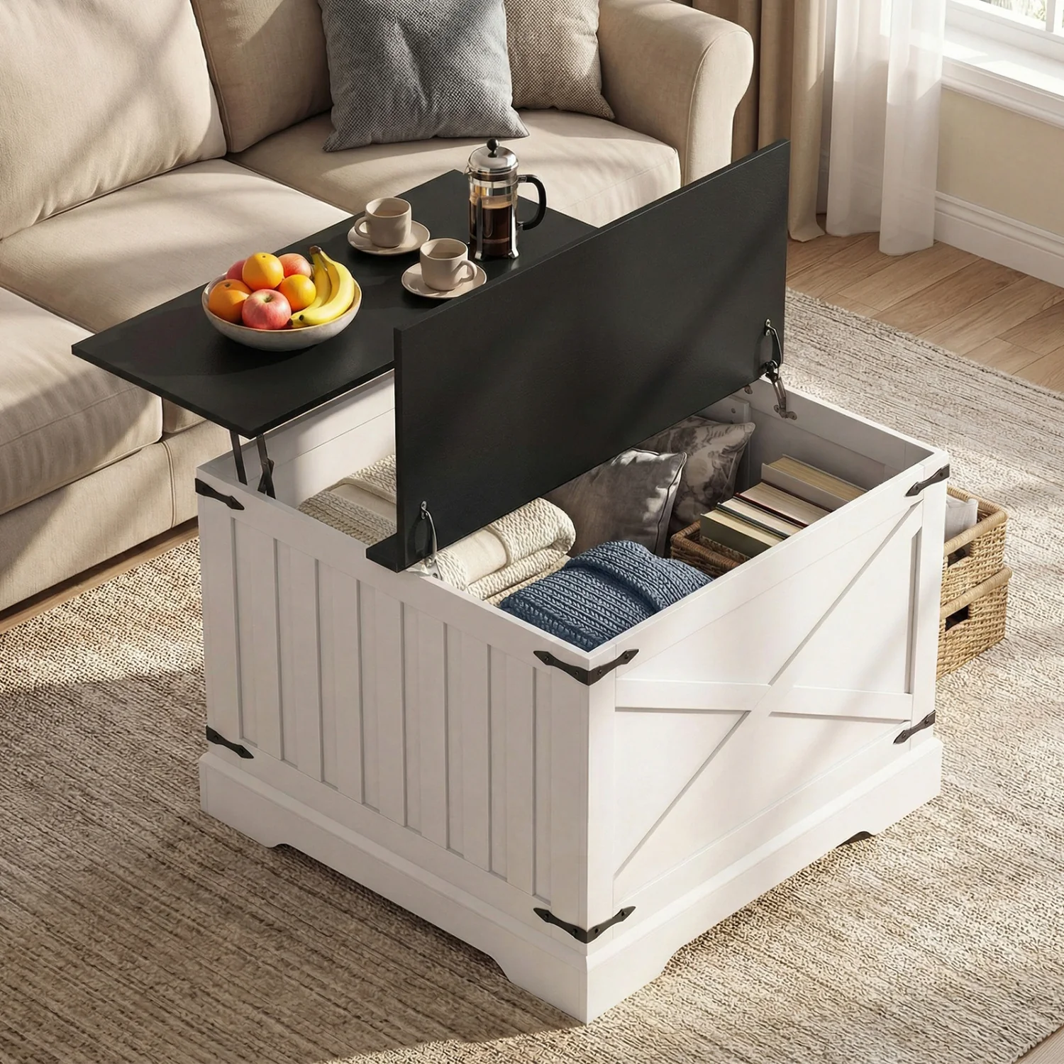 Farmhouse Lift Top Coffee Table with Hidden Storage Compartment, Black - Image 7