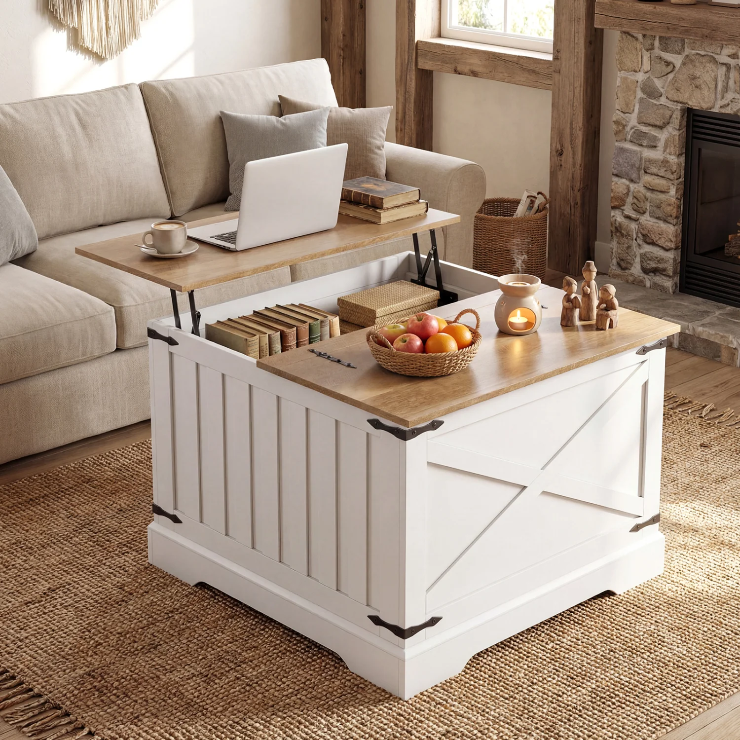 Farmhouse Lift Top Coffee Table with Hidden Storage Compartment, Brown - Image 2
