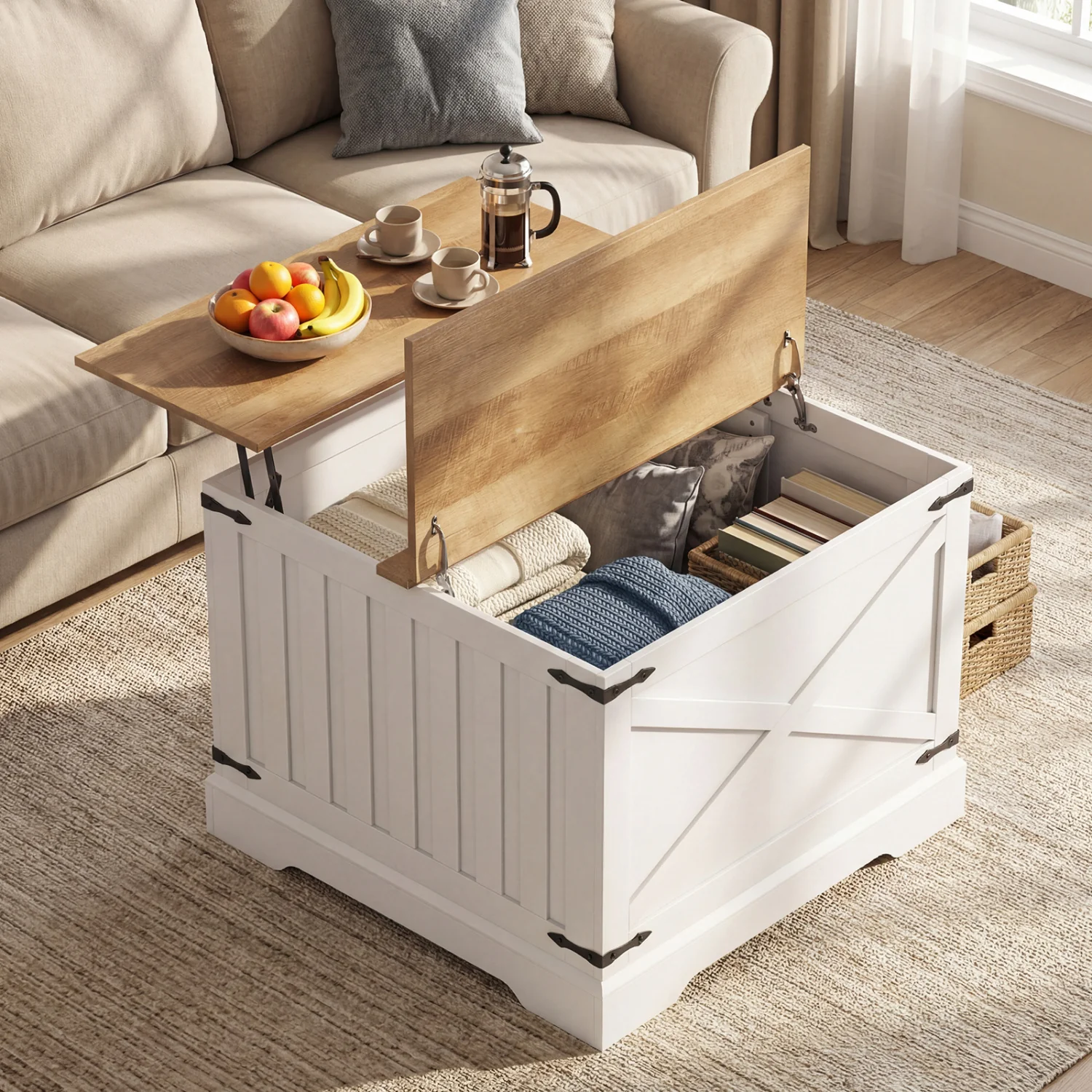 Farmhouse Lift Top Coffee Table with Hidden Storage Compartment, Brown - Image 7