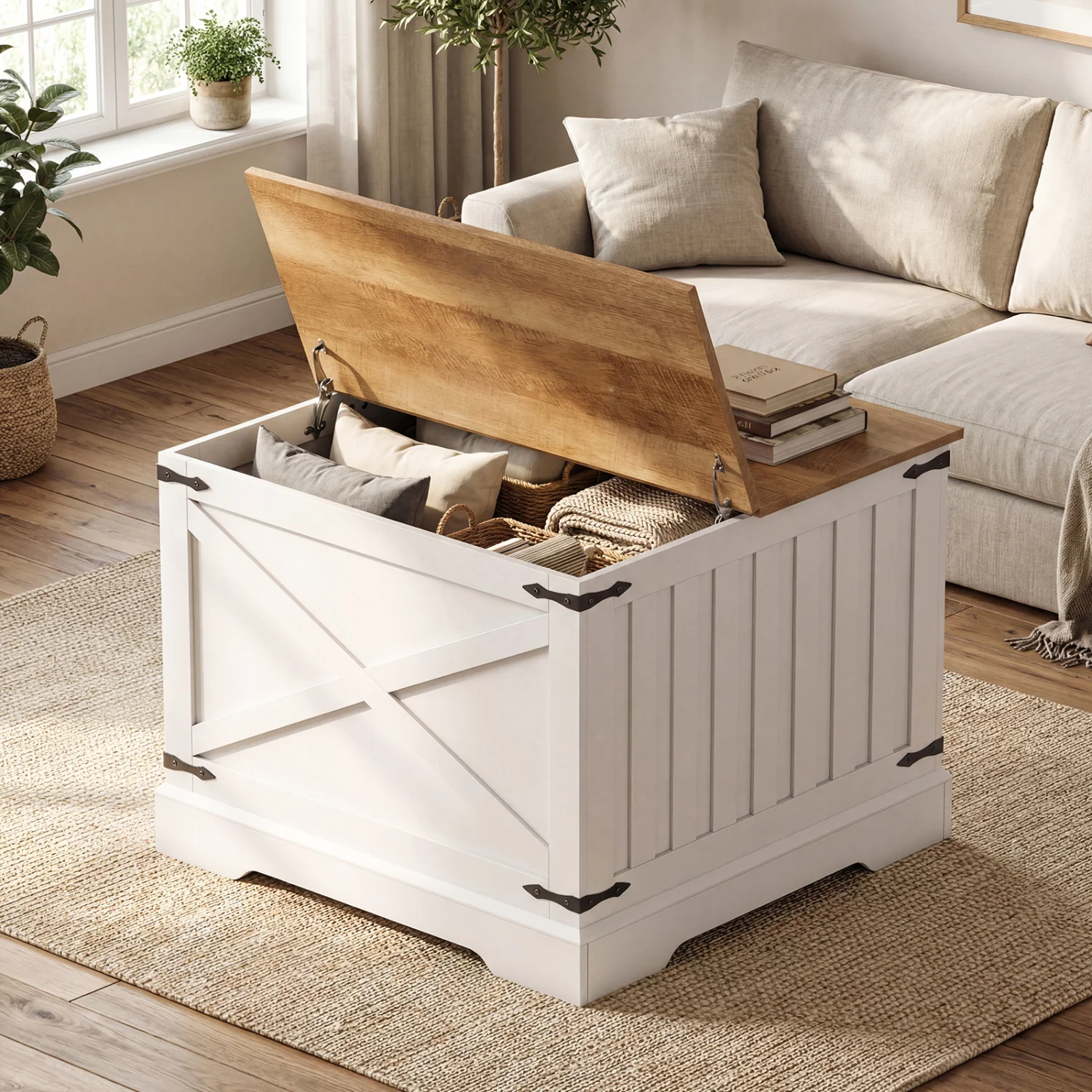 Farmhouse Lift Top Coffee Table with Hidden Storage Compartment, Brown - Image 8