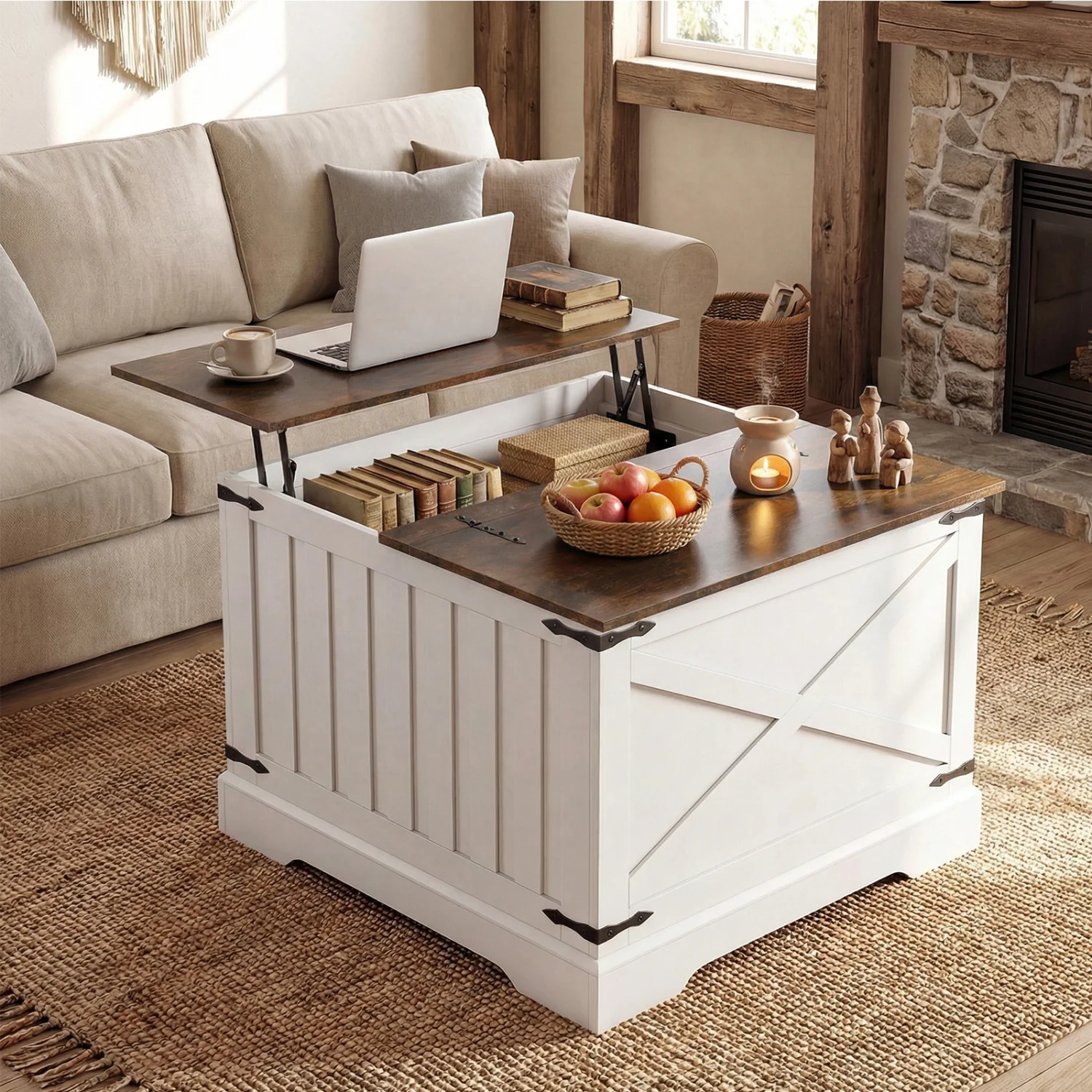 Farmhouse Lift Top Coffee Table with Hidden Storage Compartment, Rustic Brown - Image 2