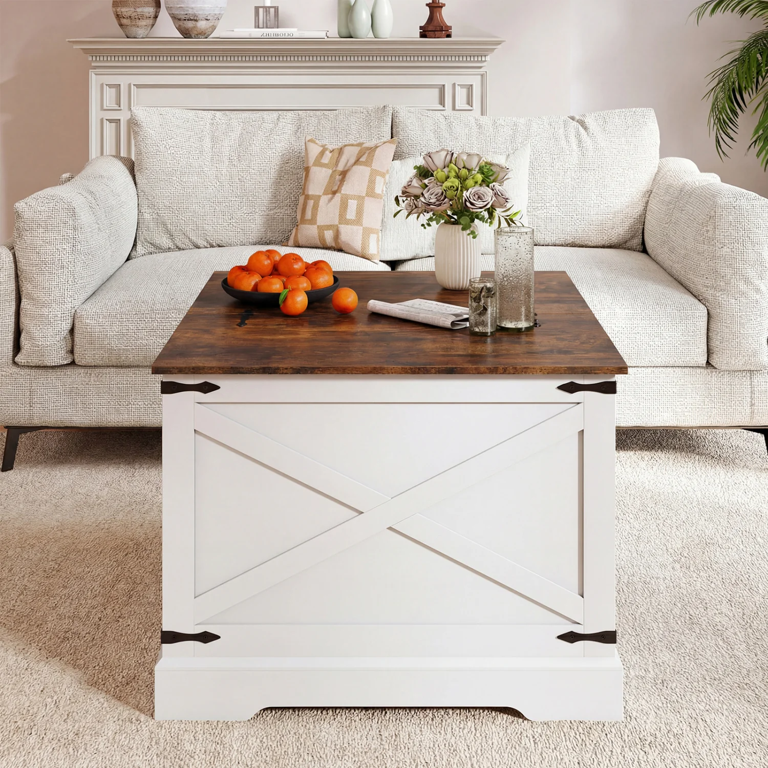 Farmhouse Lift Top Coffee Table with Hidden Storage Compartment, Rustic Brown - Image 3