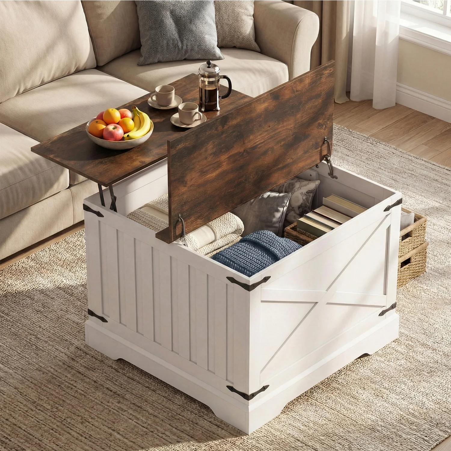 Farmhouse Lift Top Coffee Table with Hidden Storage Compartment, Rustic Brown - Image 7