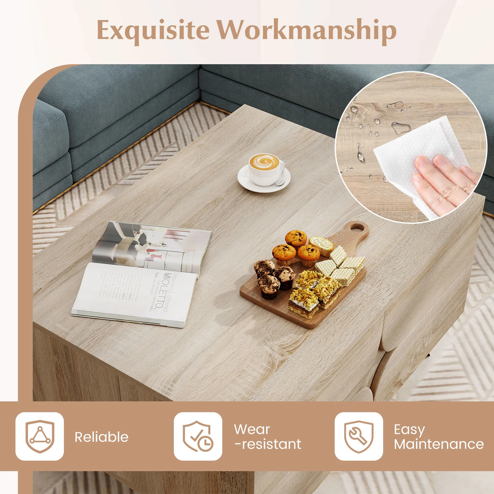 Farmhouse Modern Coffee Table With Storage, Natural - Image 8