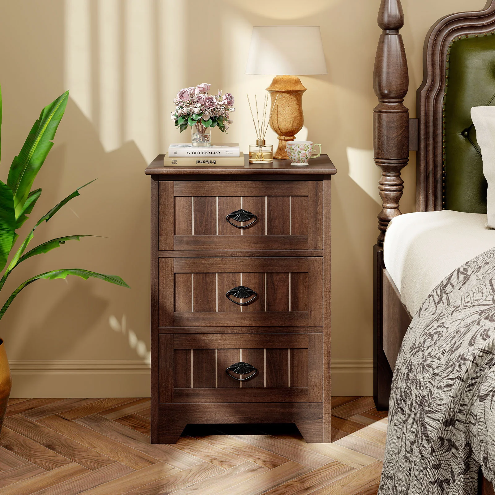 Farmhouse Nightstand, 3 Storage Drawers, Walnut - Image 3