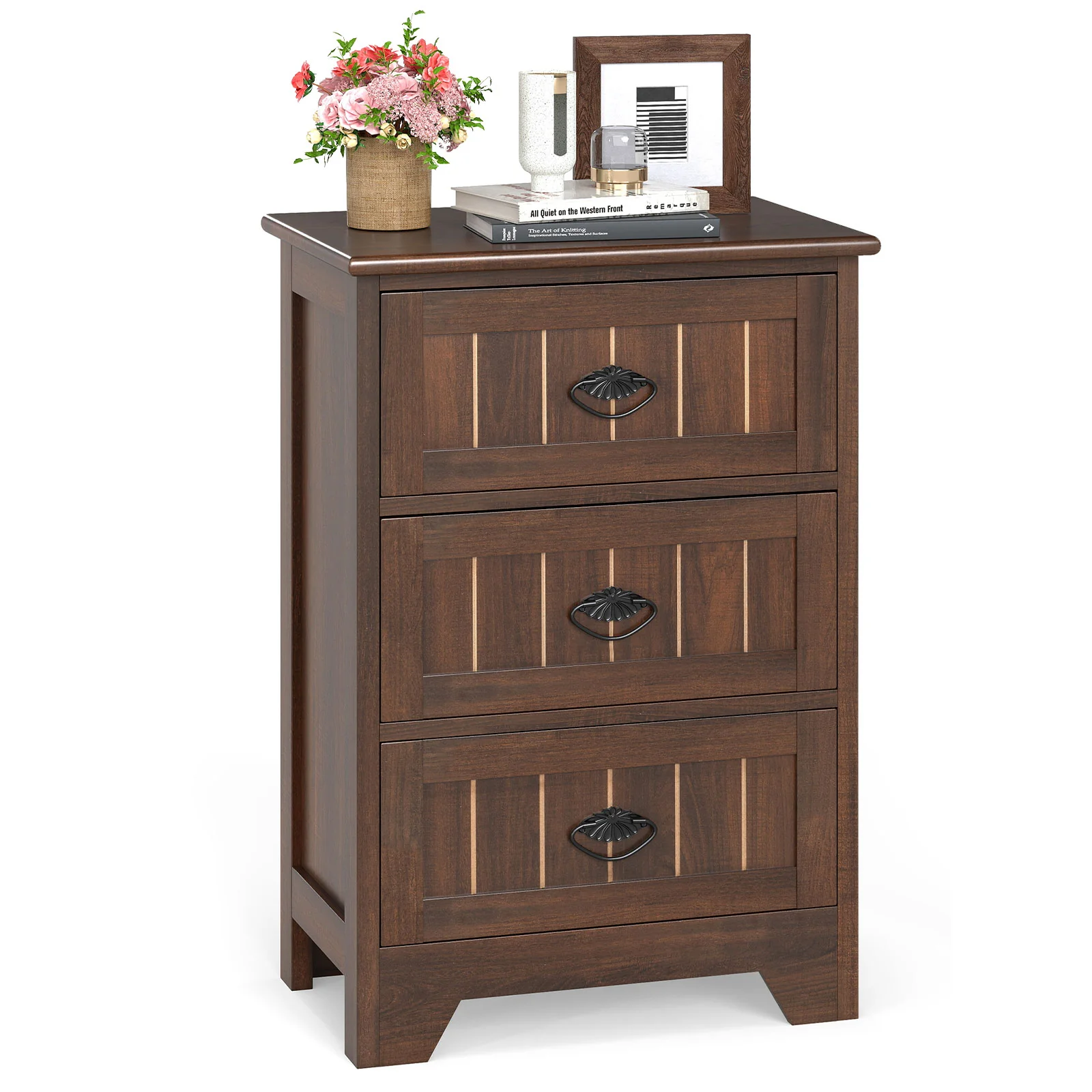 Farmhouse Nightstand, 3 Storage Drawers, Walnut - Image 4