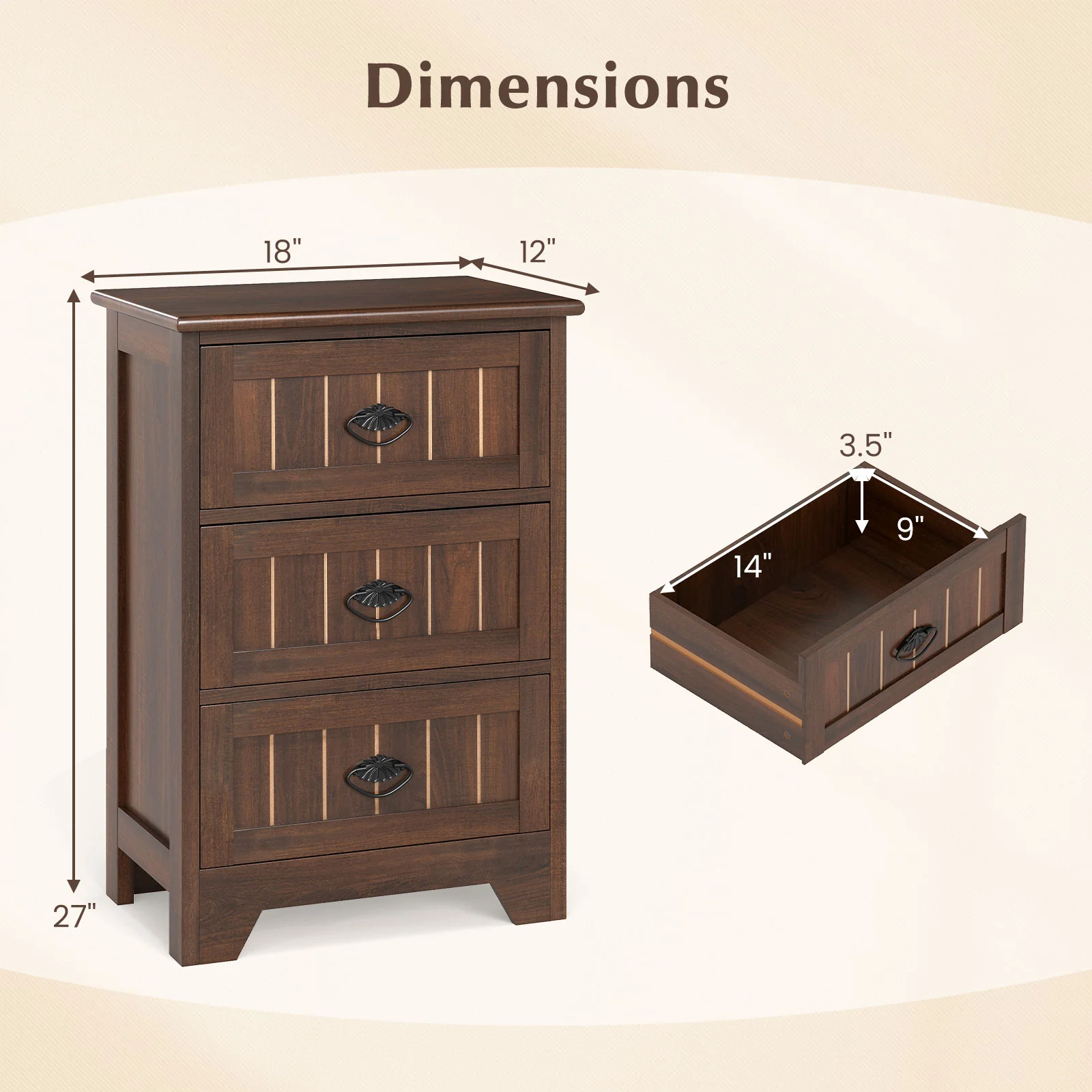 Farmhouse Nightstand, 3 Storage Drawers, Walnut - Image 6