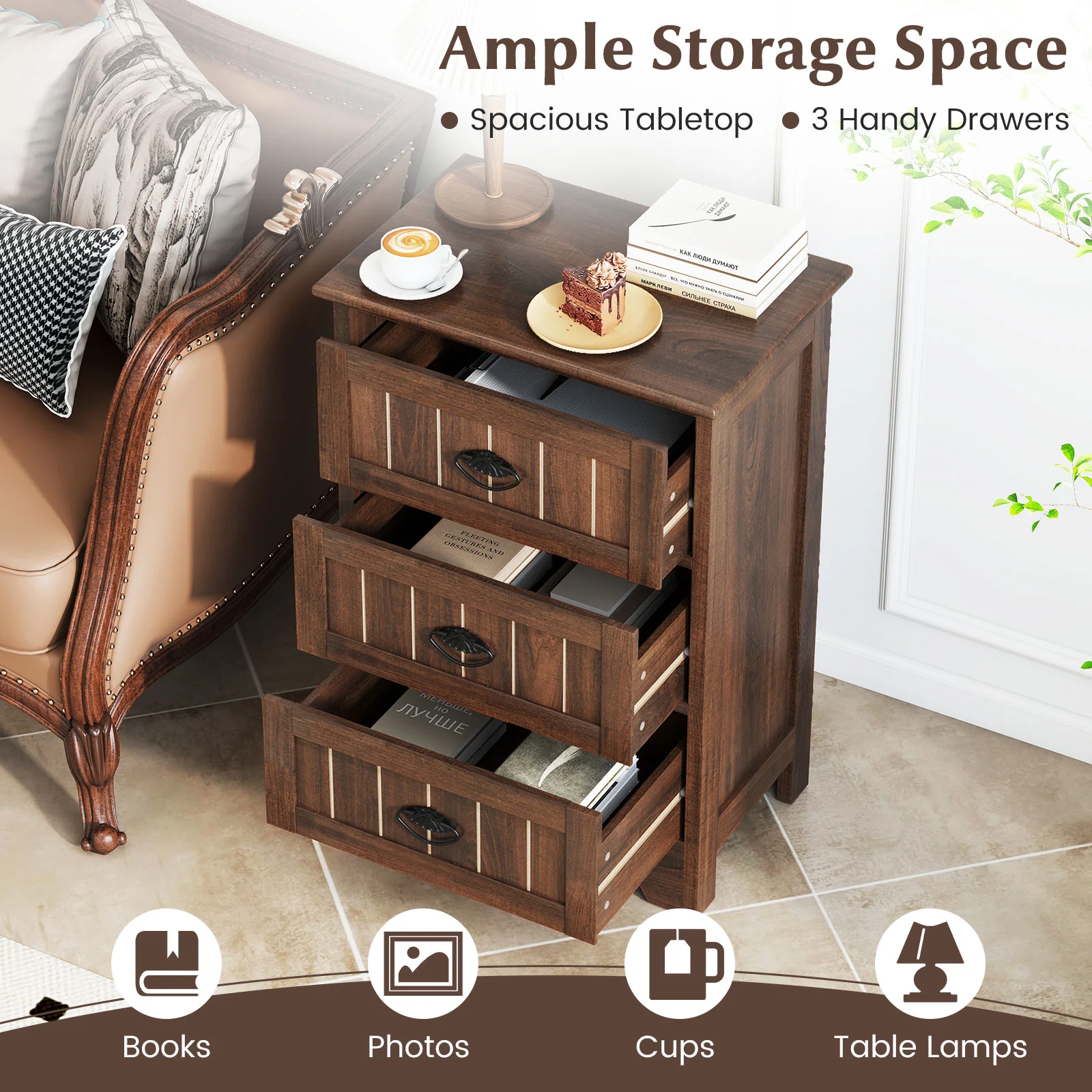 Farmhouse Nightstand, 3 Storage Drawers, Walnut - Image 9