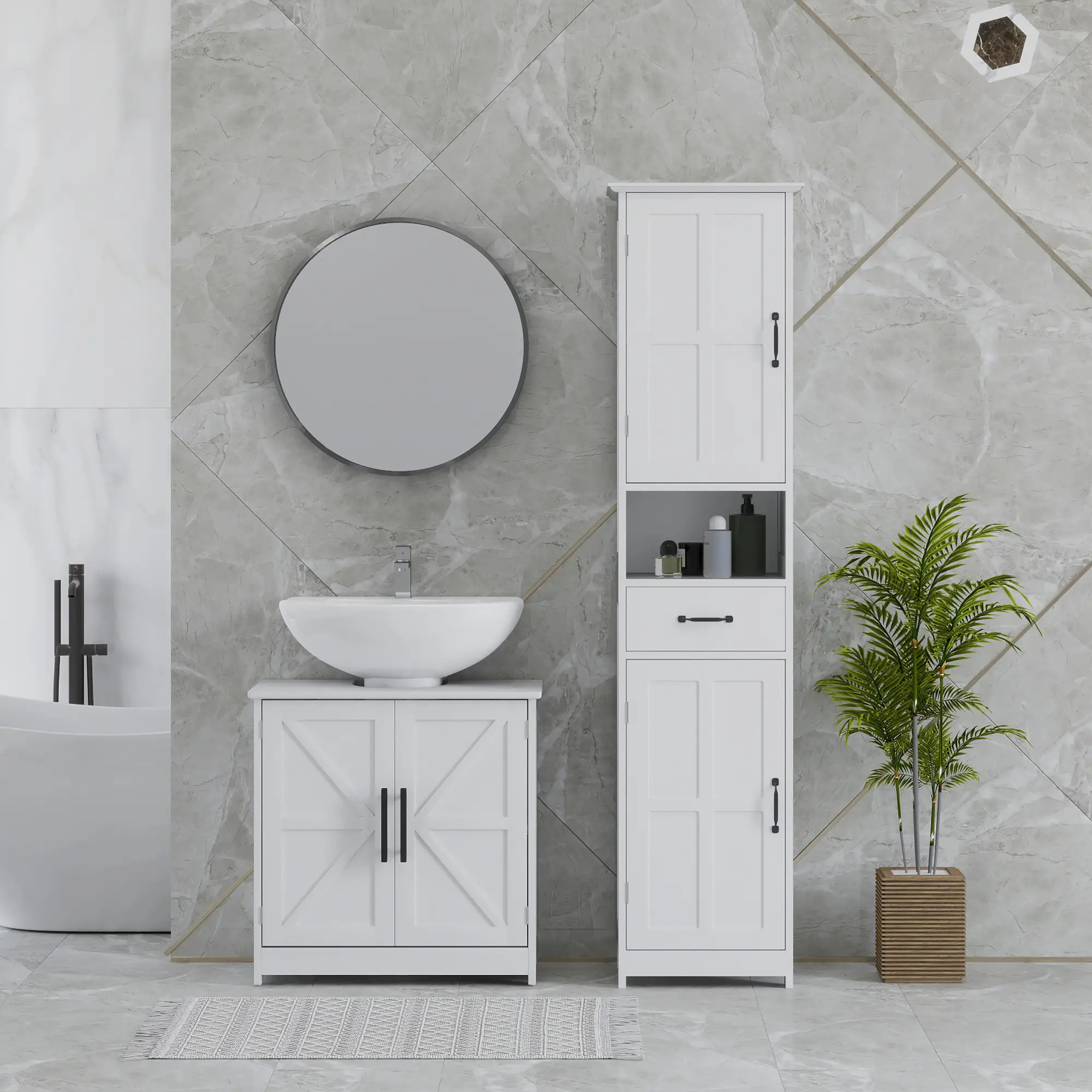 Farmhouse Pedestal Sink Cabinet, Bathroom Storage with 2 Barn Doors, Adjustable Shelf, White - Image 10