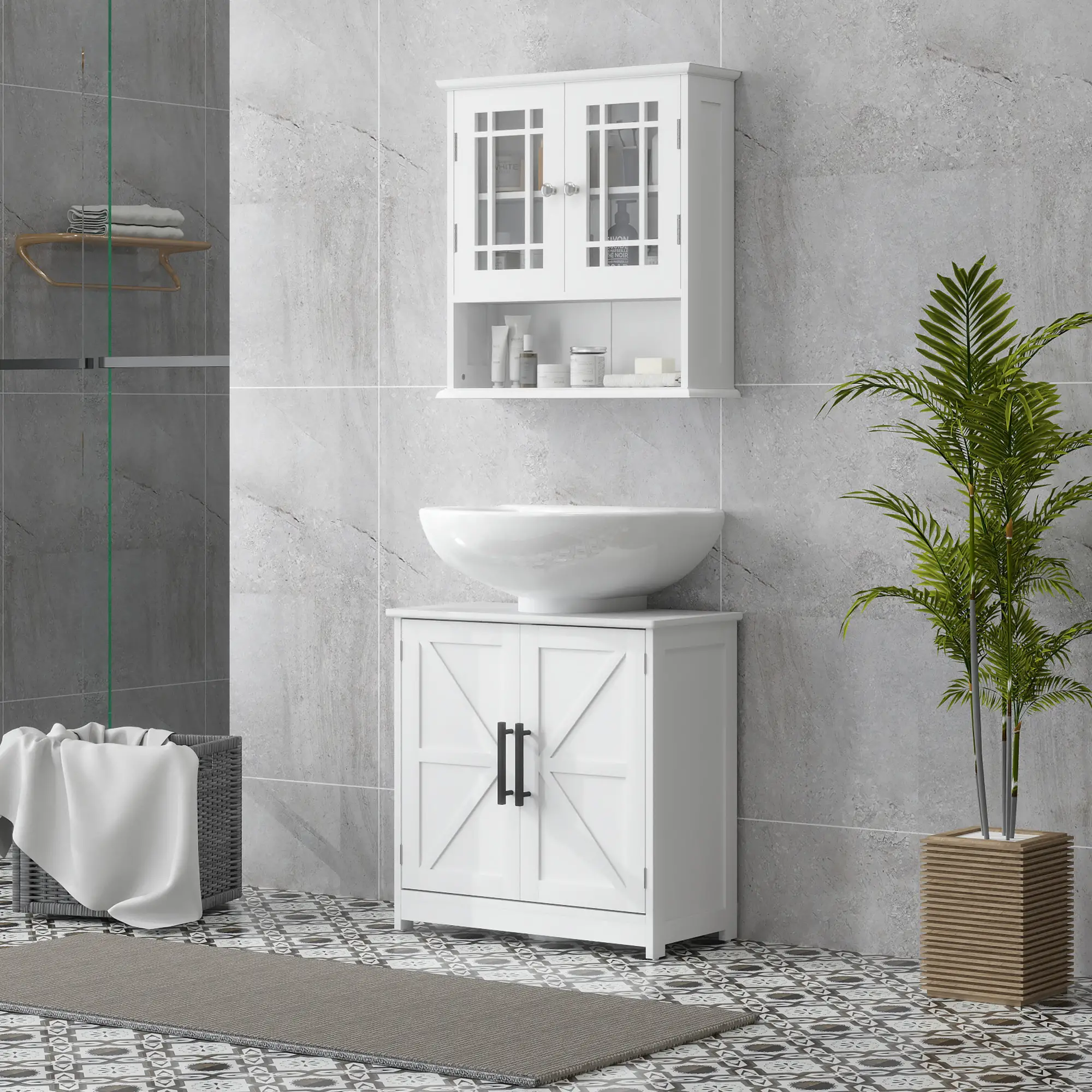 Farmhouse Pedestal Sink Cabinet, Bathroom Storage with 2 Barn Doors, Adjustable Shelf, White - Image 2