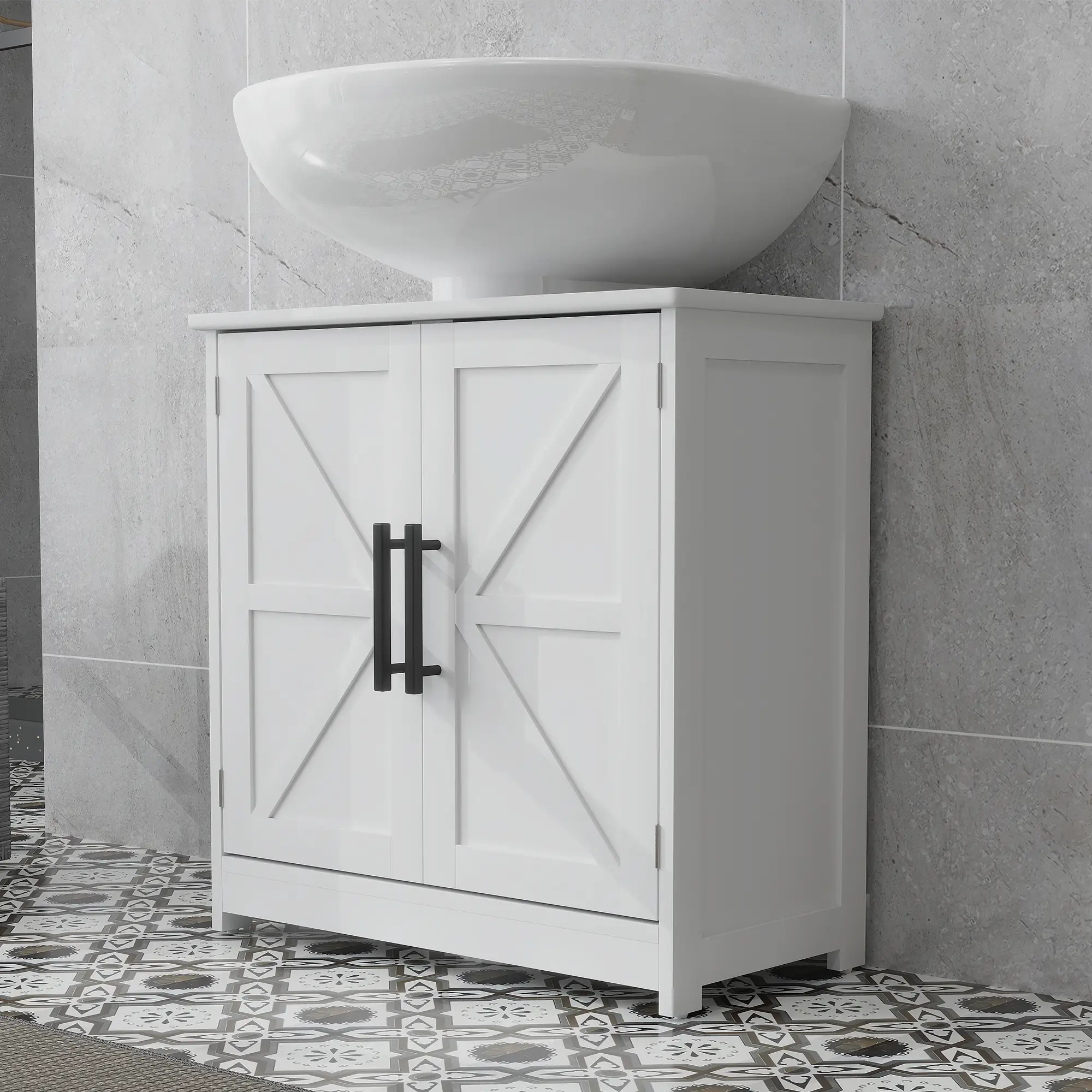 Farmhouse Pedestal Sink Cabinet, Bathroom Storage with 2 Barn Doors, Adjustable Shelf, White - Image 9