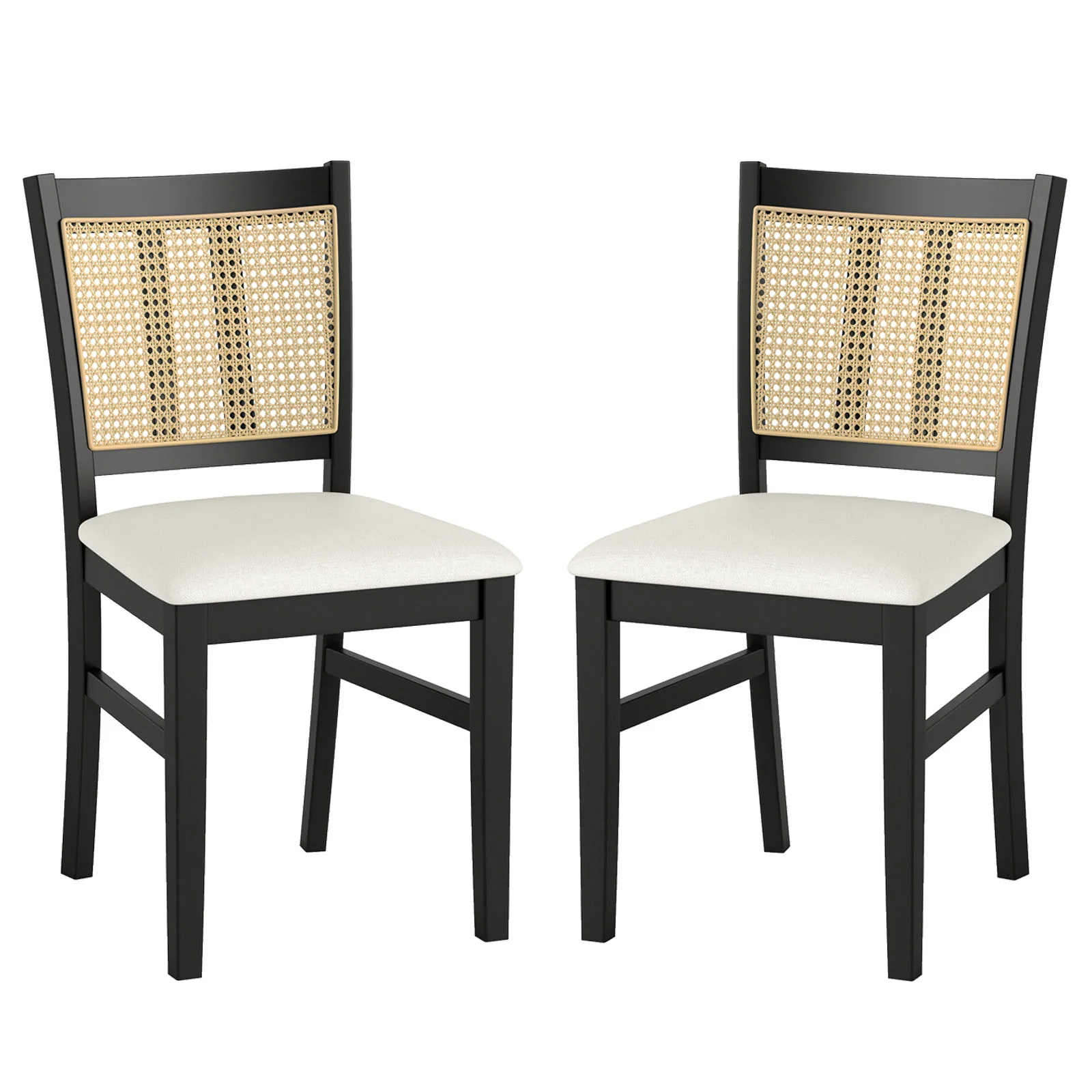 Farmhouse Rattan Dining Chair Set, 2 Pack, Rubber Wood Legs, Beige