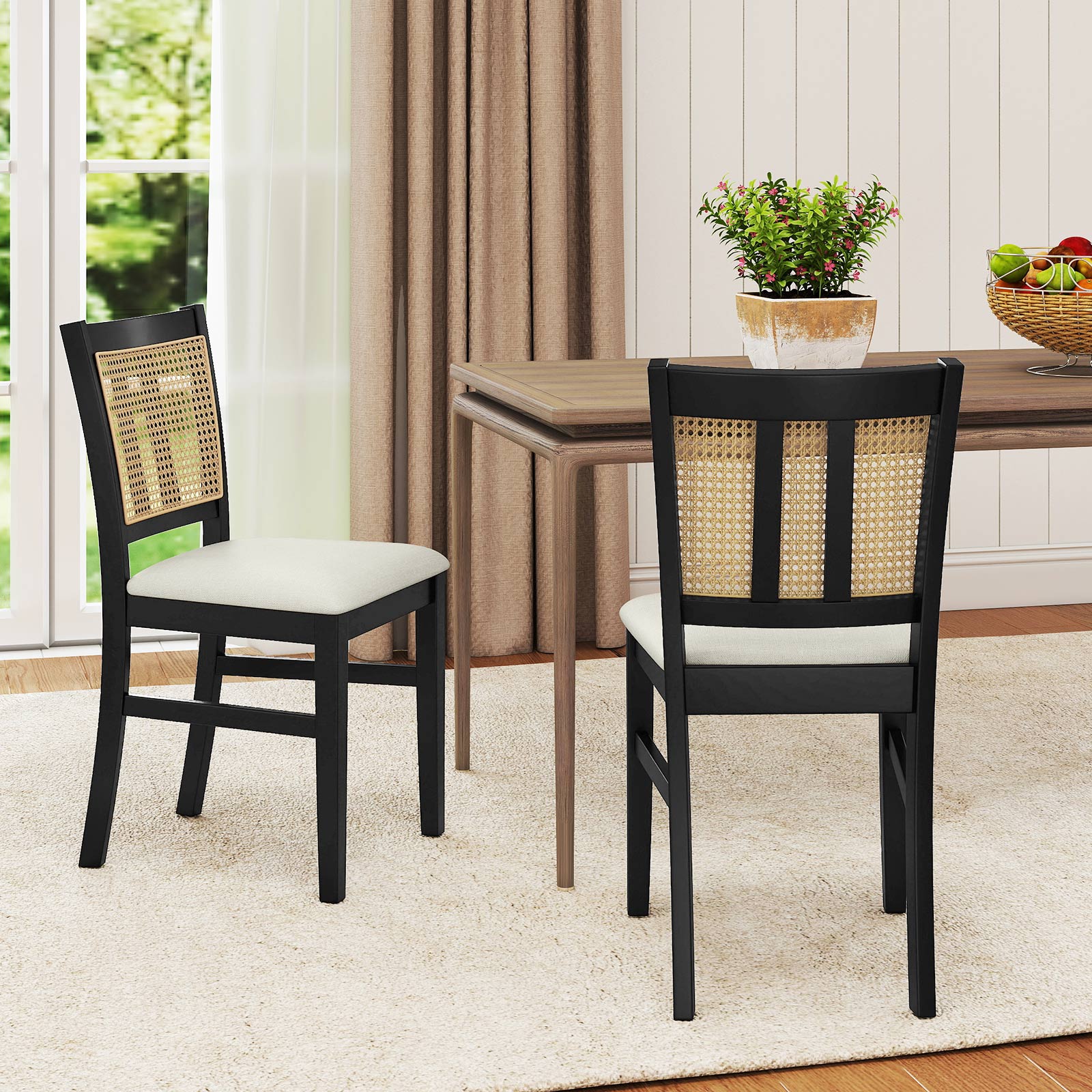 Farmhouse Rattan Dining Chair Set, 2 Pack, Rubber Wood Legs, Beige - Image 2