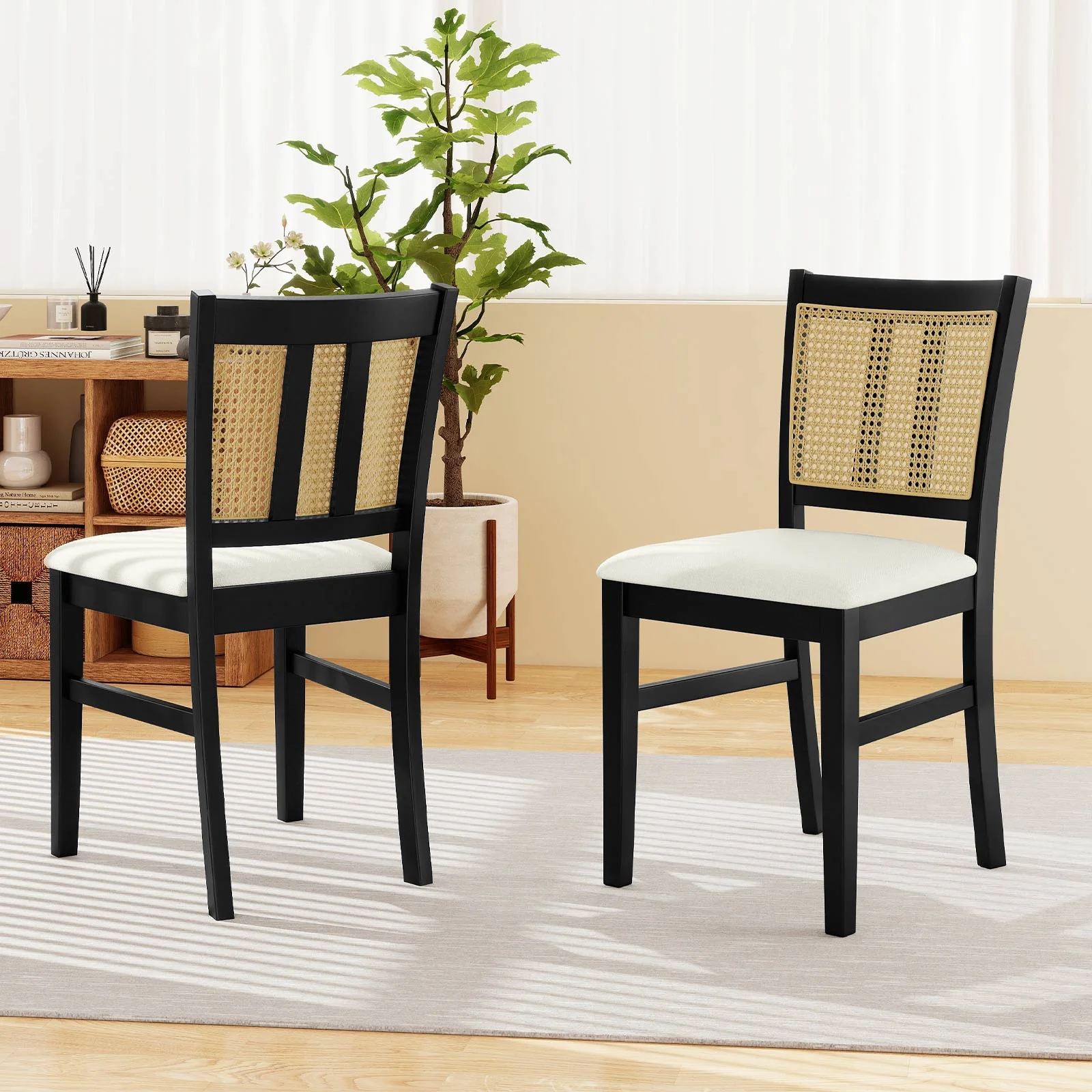 Farmhouse Rattan Dining Chair Set, 2 Pack, Rubber Wood Legs, Beige - Image 3