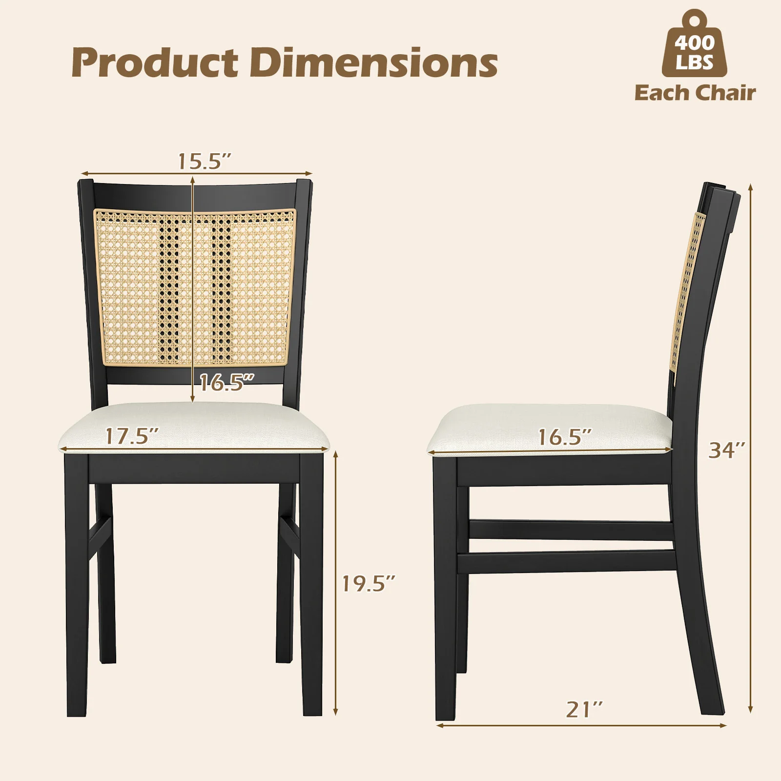 Farmhouse Rattan Dining Chair Set, 2 Pack, Rubber Wood Legs, Beige - Image 5