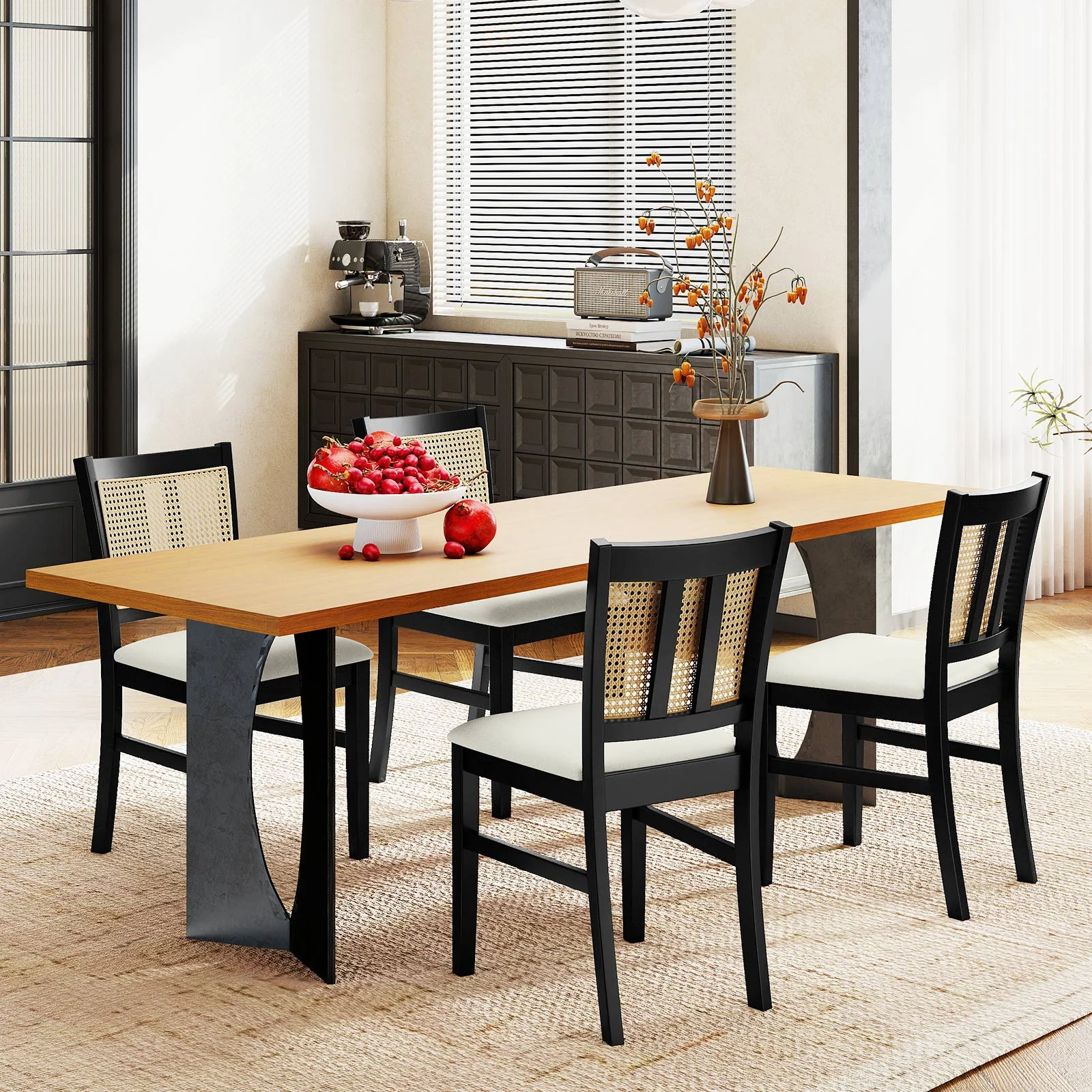 Farmhouse Rattan Dining Chair Set, 2 Pack, Rubber Wood Legs, Beige - Image 6