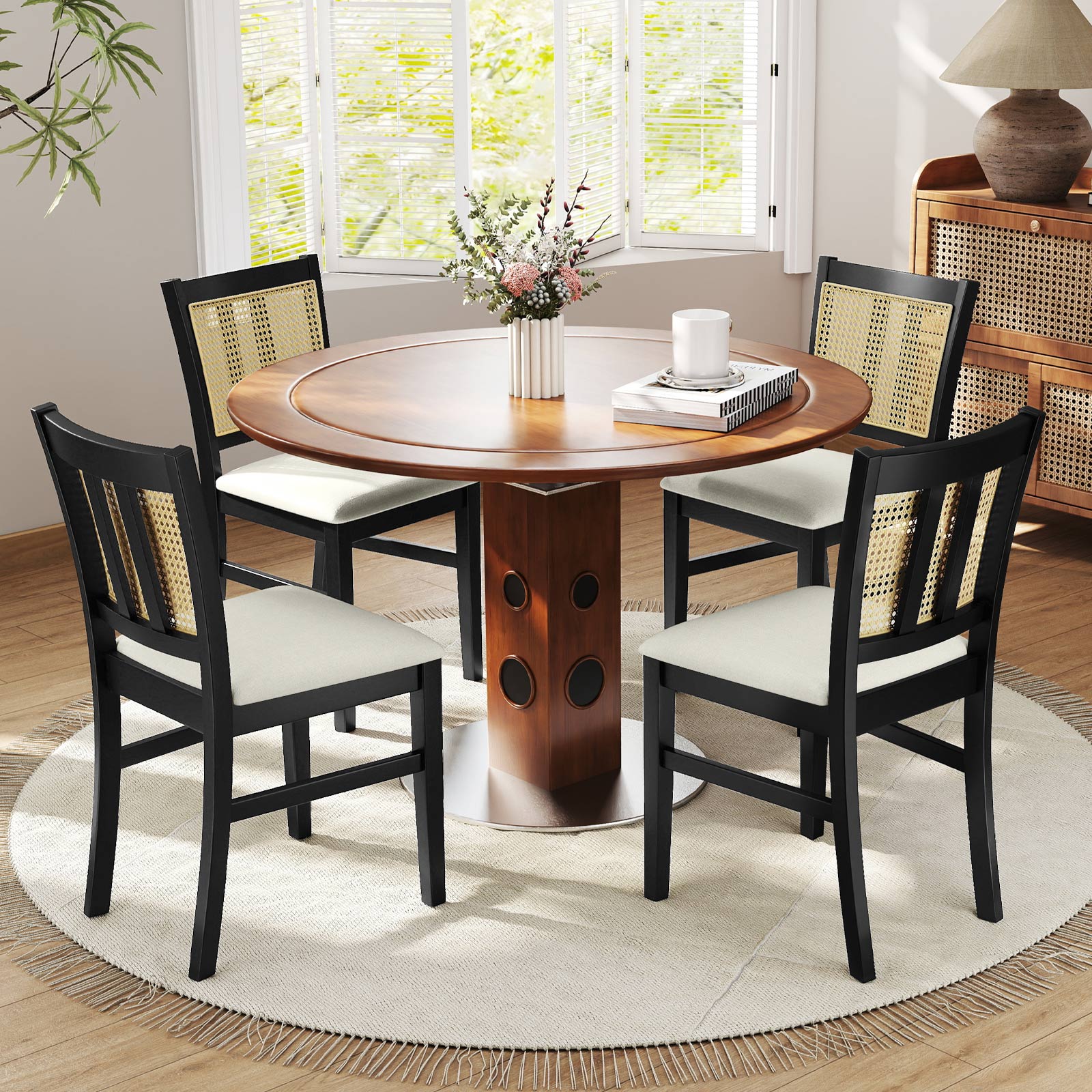 Farmhouse Rattan Dining Chair Set, 2 Pack, Rubber Wood Legs, Beige - Image 7