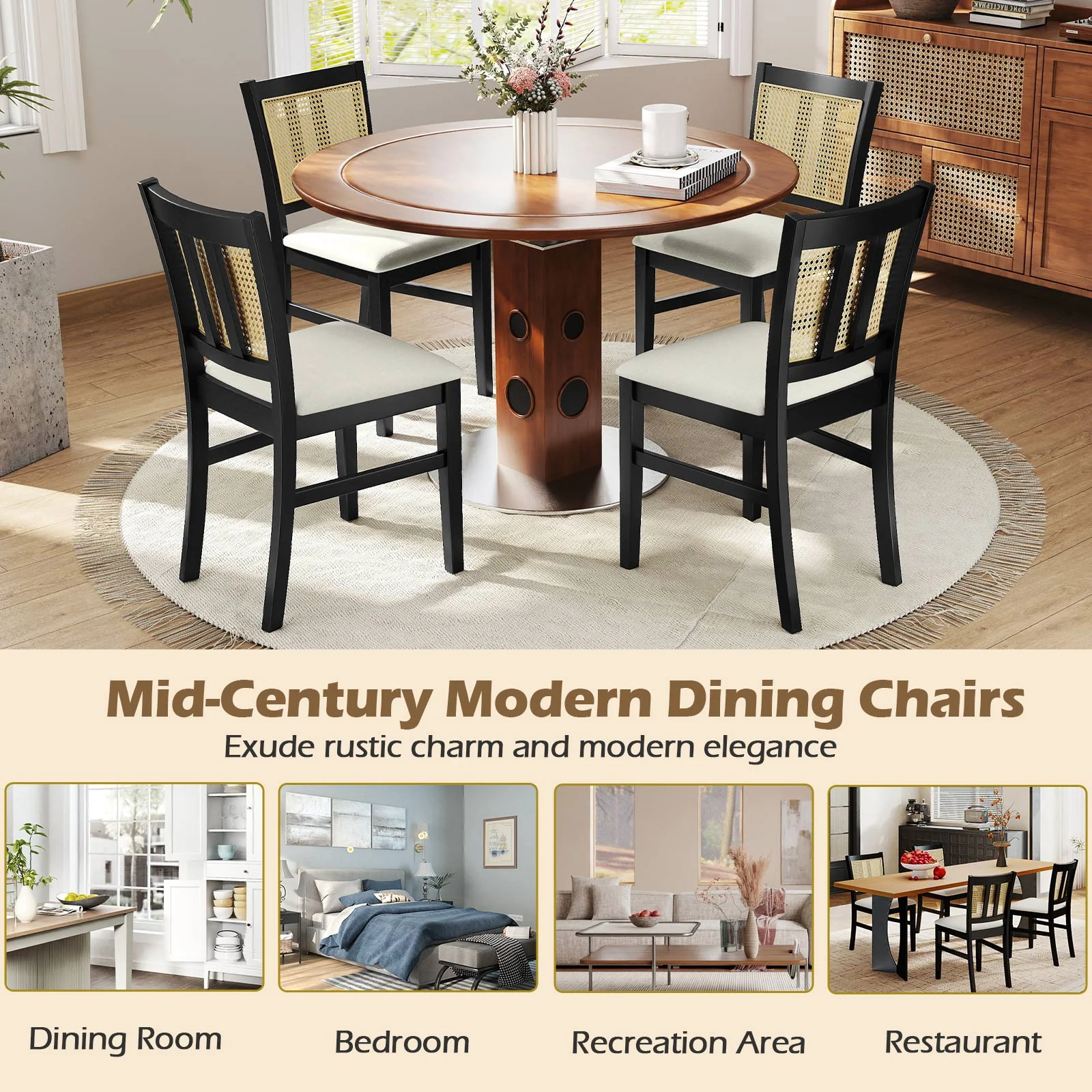 Farmhouse Rattan Dining Chair Set, 2 Pack, Rubber Wood Legs, Beige - Image 8