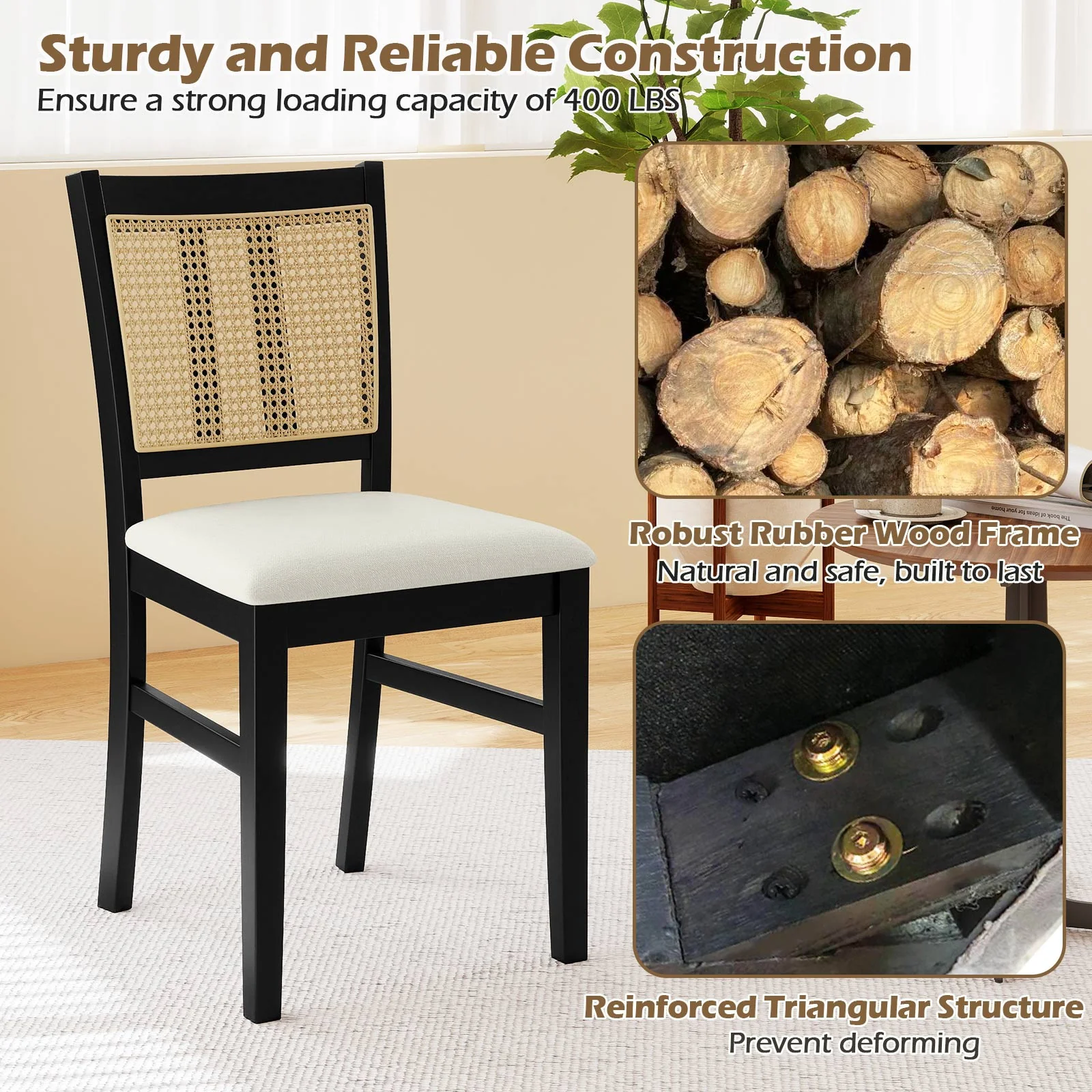 Farmhouse Rattan Dining Chair Set, 2 Pack, Rubber Wood Legs, Beige - Image 9
